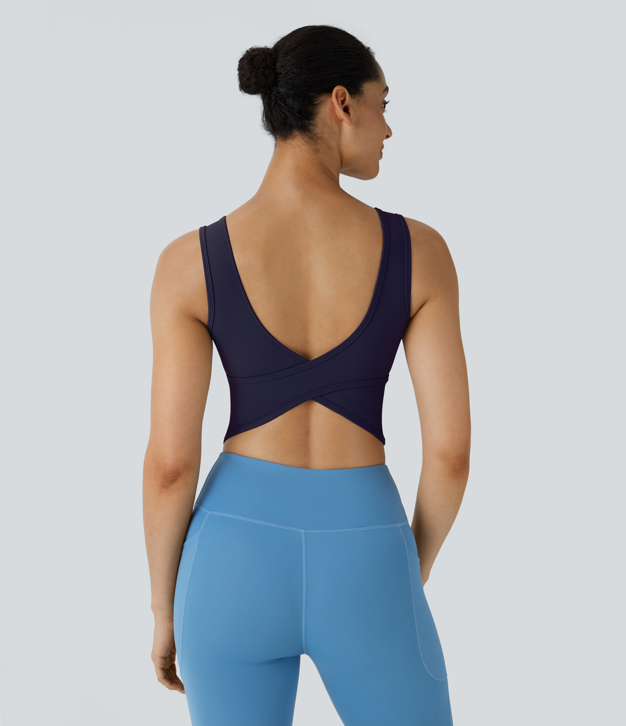 Halara U Neck Backless Crossover Barre Ballet Dance Tank Top Tank Top - Evening Blue - XS golf tops halter top tunic tops sleeveless tops 