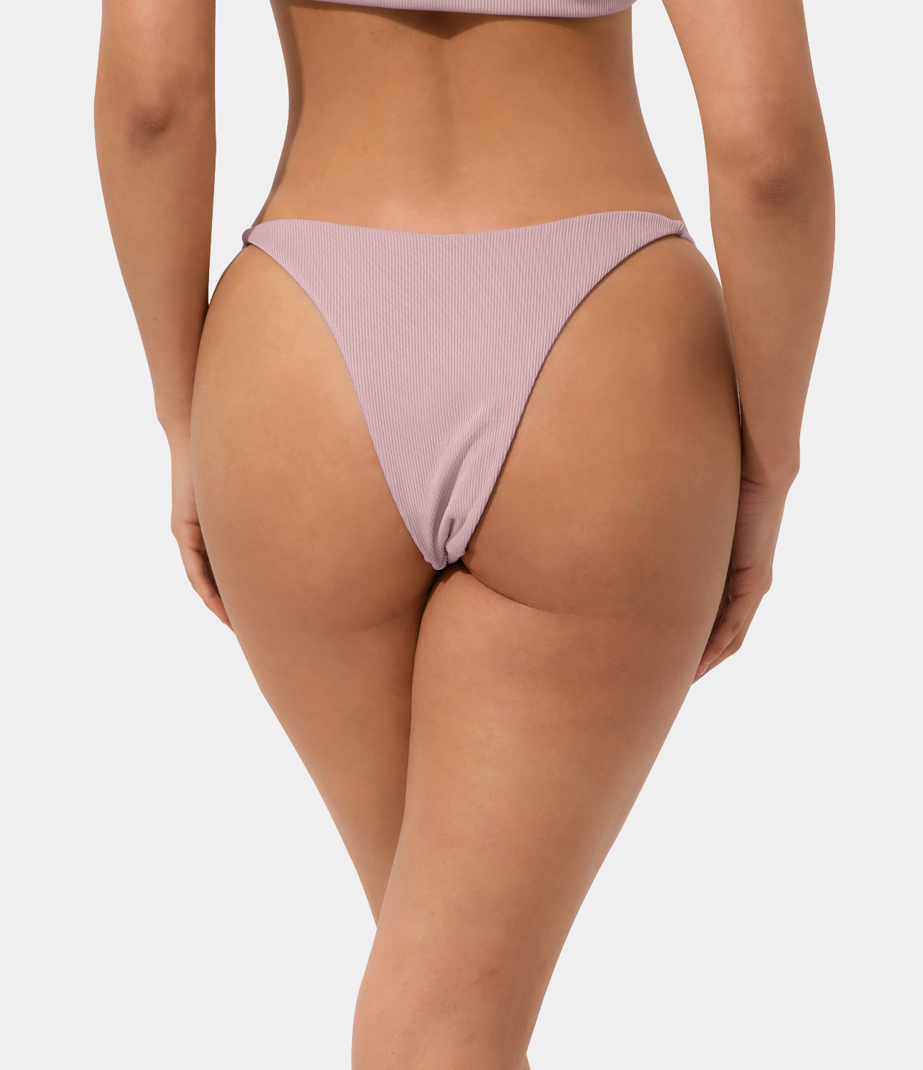 Halara Ribbed Knit Thong Bikini Bottom  - Bleached Mauve - L 