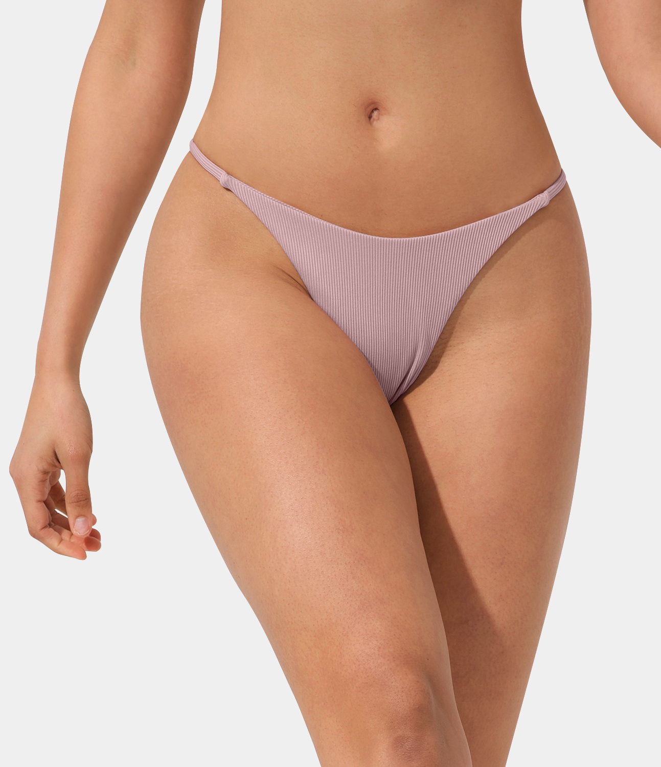 Halara Ribbed Knit Thong Bikini Bottom  - Bleached Mauve - L 