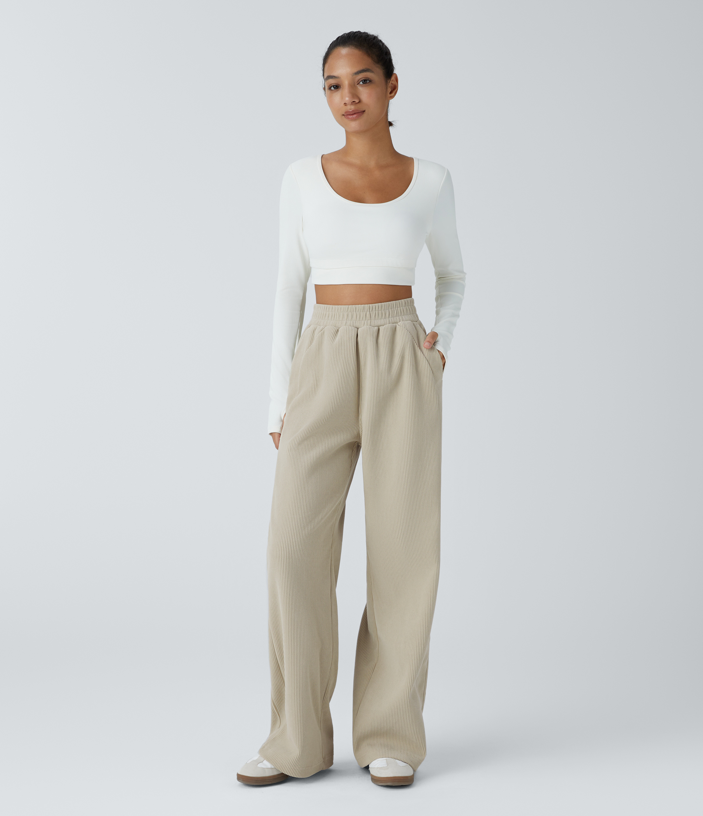 Halara High Waisted Side Pocket Straight Leg Mop Corduroy Casual Pants  - Almond Milk - L(regular) sweatpants jogger pants stacked sweatpants 