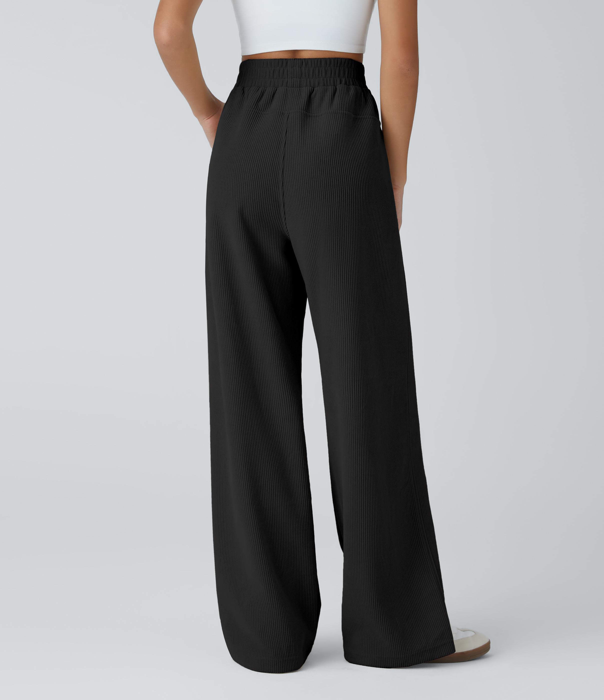 Halara High Waisted Side Pocket Straight Leg Mop Corduroy Casual Pants  - Black - XL(petite) sweatpants jogger pants stacked sweatpants 