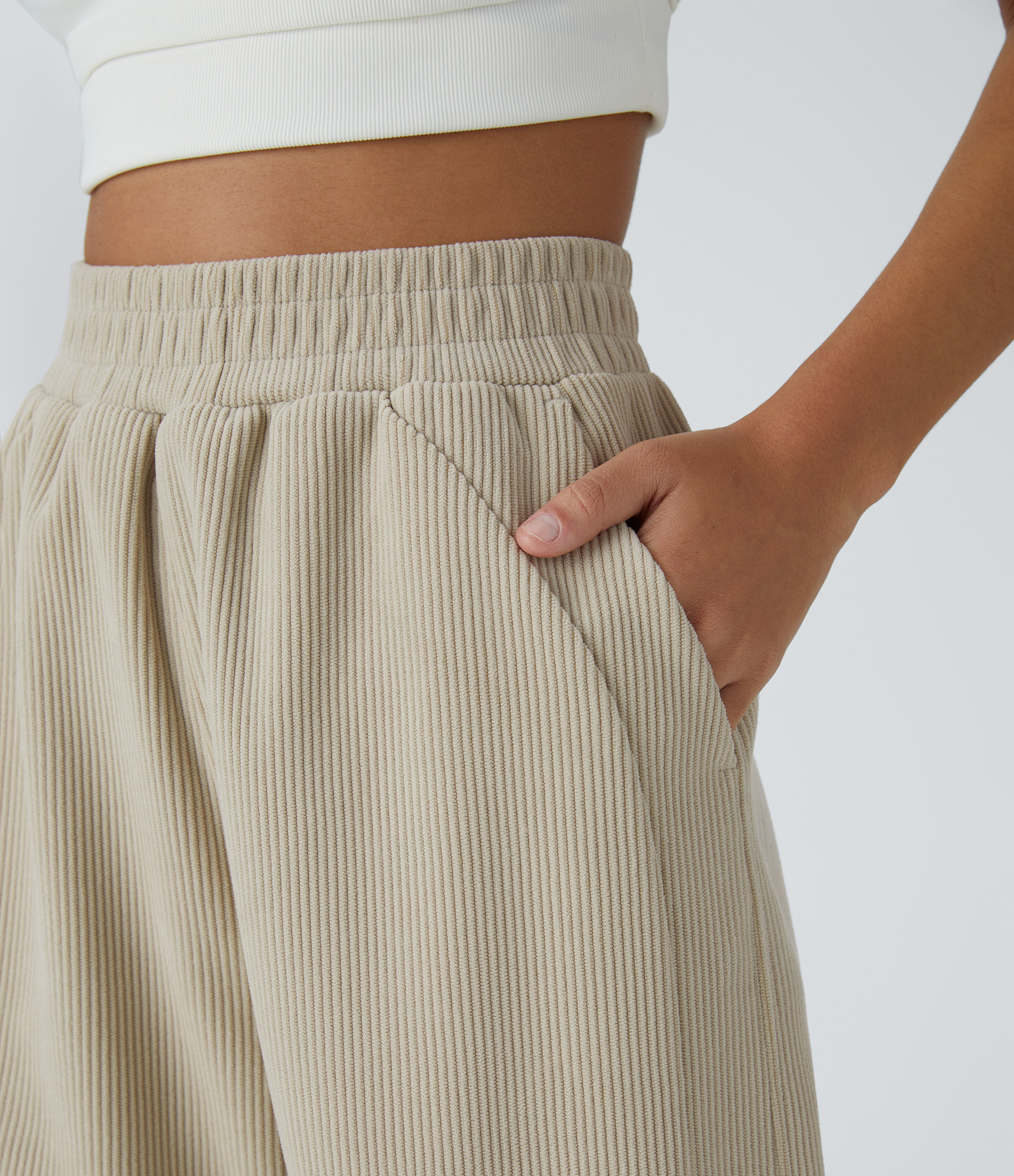 Halara High Waisted Side Pocket Straight Leg Mop Corduroy Casual Pants  - Almond Milk - L(regular) sweatpants jogger pants stacked sweatpants 