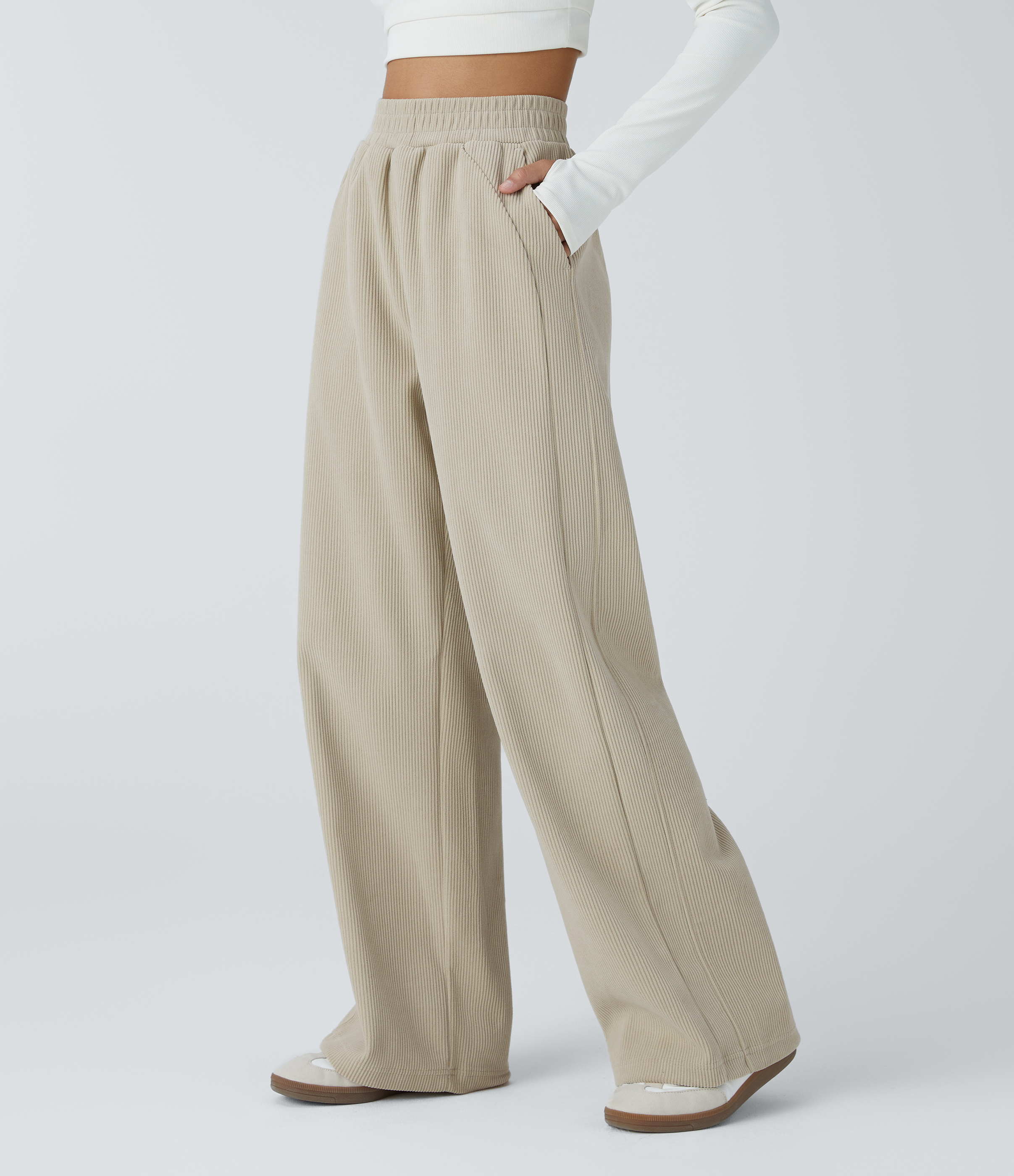 Halara High Waisted Side Pocket Straight Leg Mop Corduroy Casual Pants  - Almond Milk - L(regular) sweatpants jogger pants stacked sweatpants 