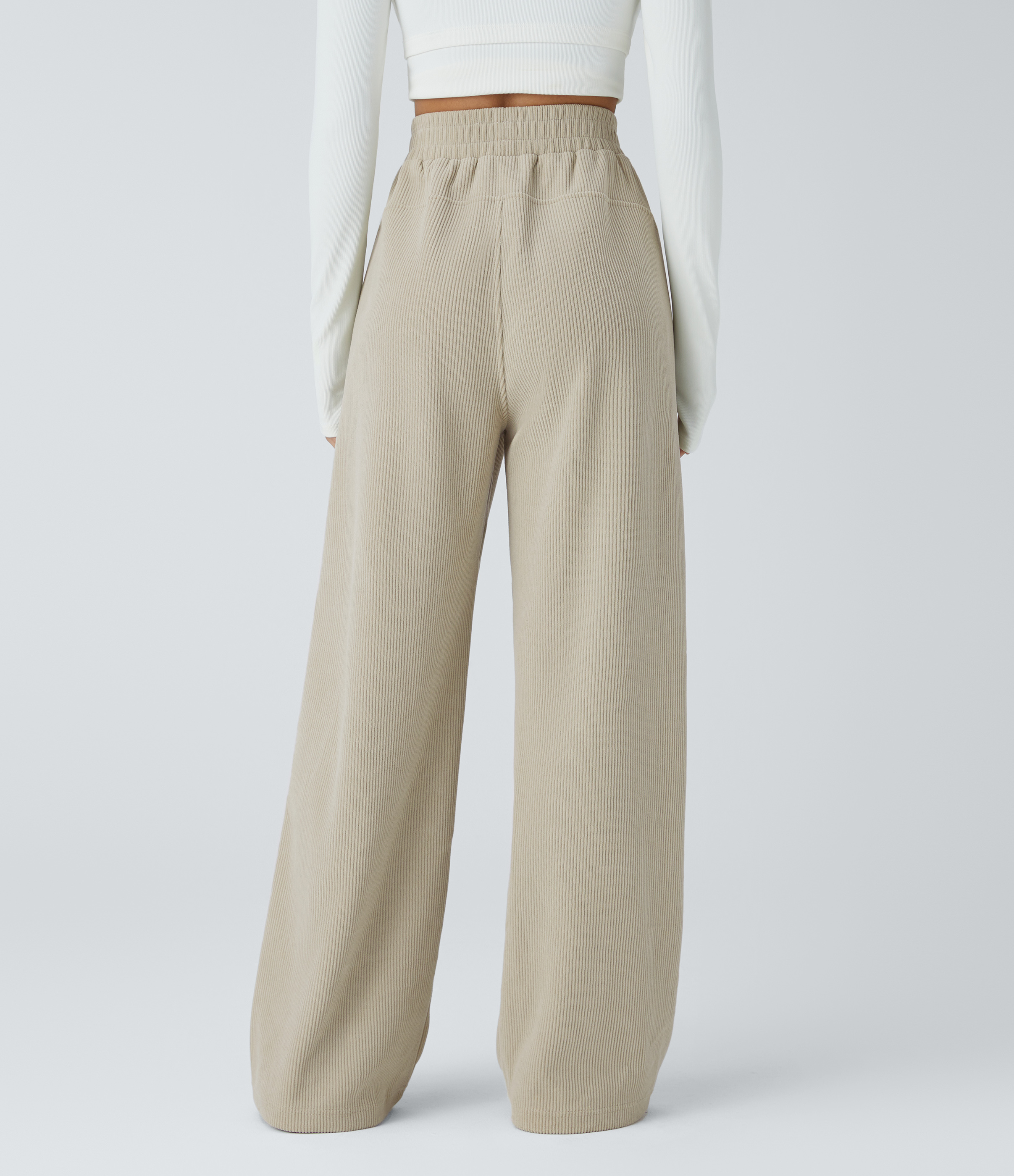 Halara High Waisted Side Pocket Straight Leg Mop Corduroy Casual Pants  - Almond Milk - L(regular) sweatpants jogger pants stacked sweatpants 