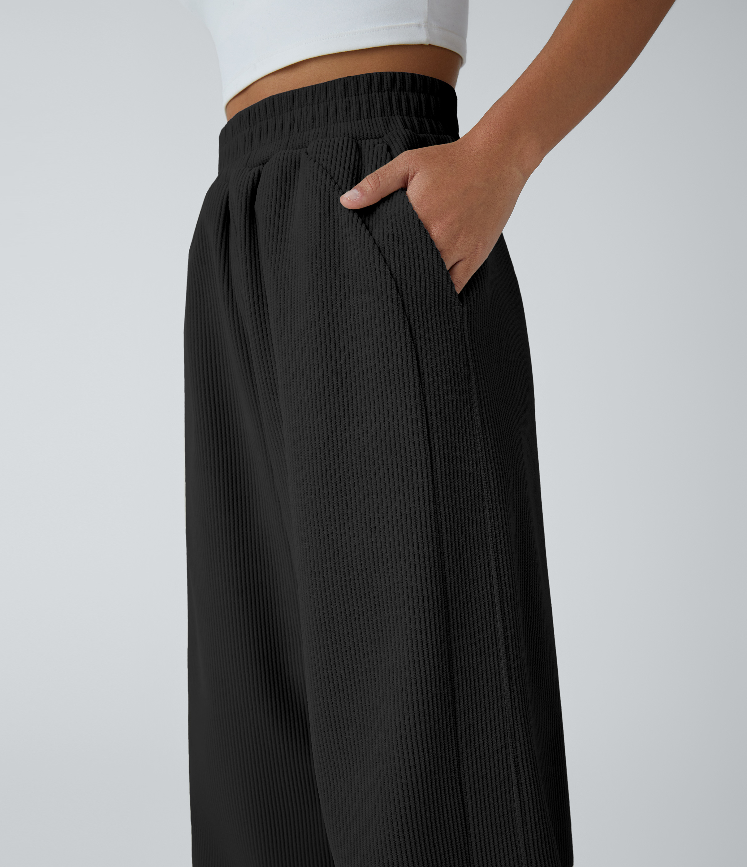Halara High Waisted Side Pocket Straight Leg Mop Corduroy Casual Pants  - Black - XL(petite) sweatpants jogger pants stacked sweatpants 