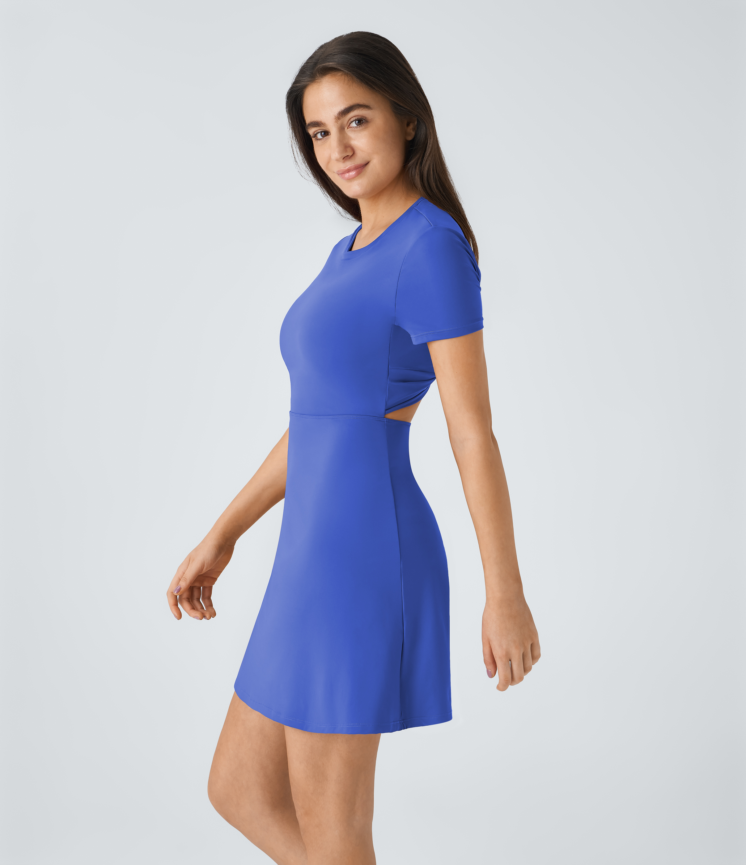 Halara Backless Twisted Cut Out Flare Mini Dance Active Dress Workout Dress - Aster Blue - XL 