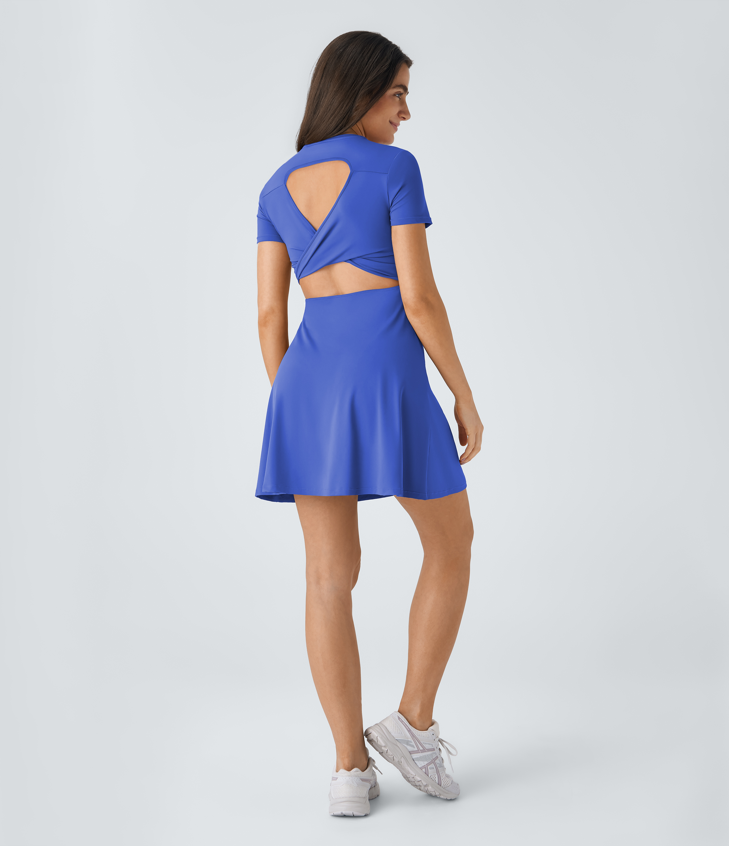 Halara Backless Twisted Cut Out Flare Mini Dance Active Dress Workout Dress - Aster Blue - XL 
