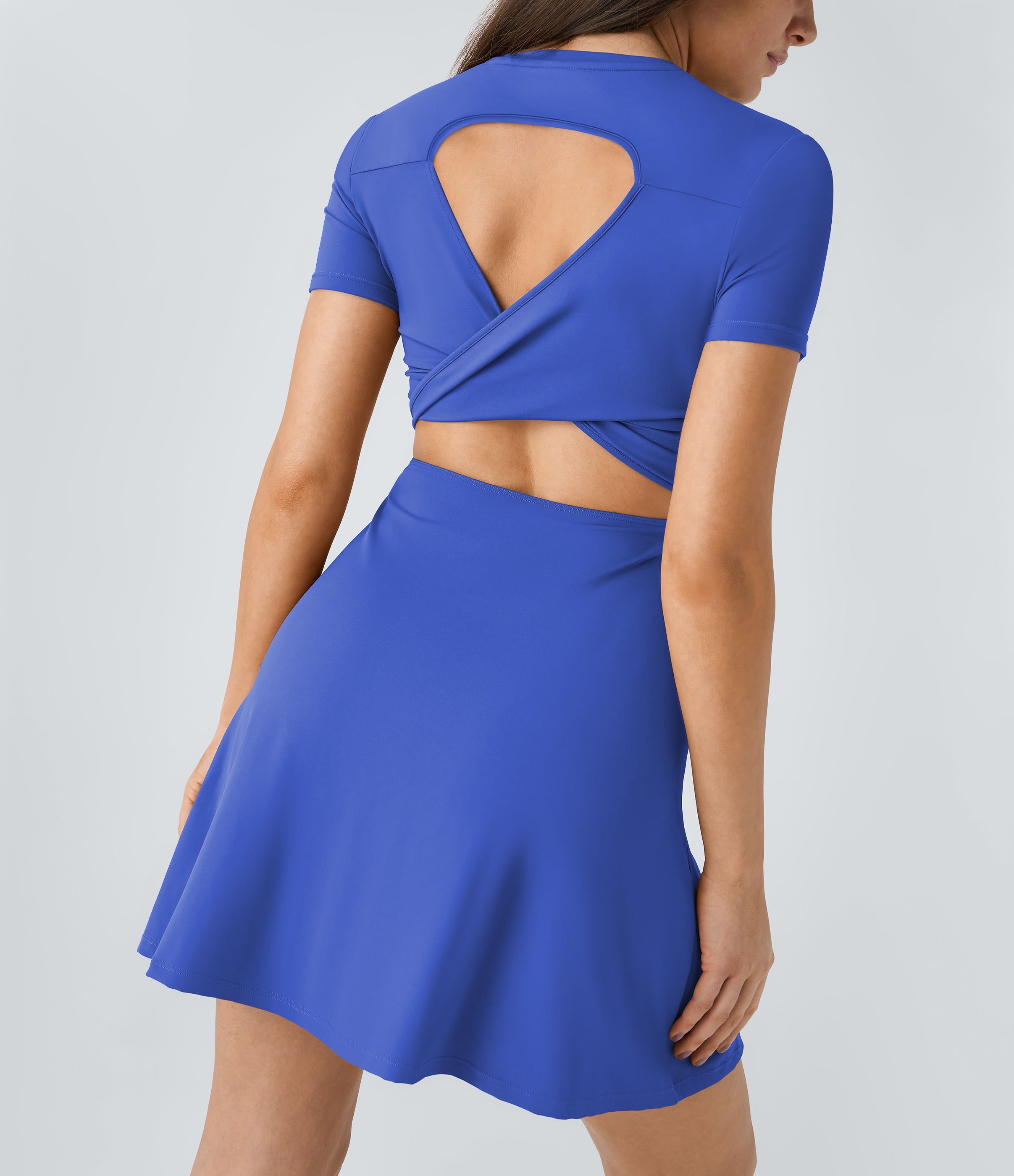 Halara Backless Twisted Cut Out Flare Mini Dance Active Dress Workout Dress - Aster Blue - XL 