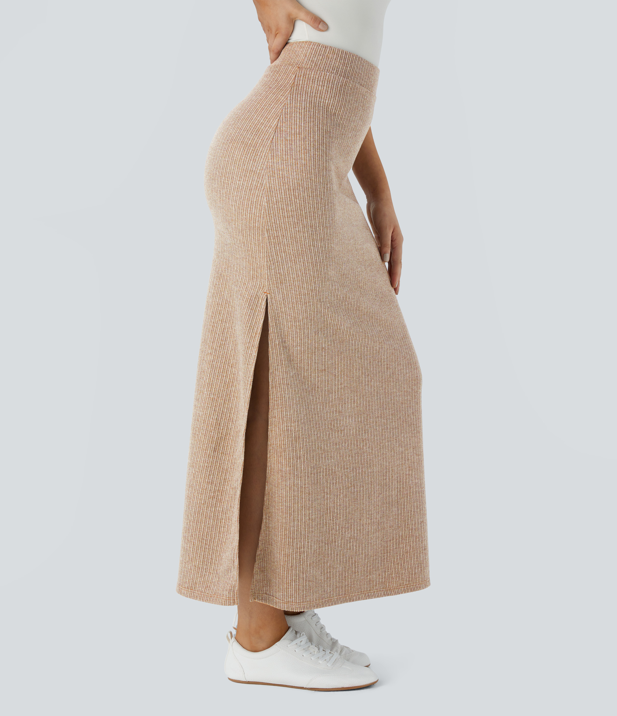 Halara Ribbed High Waisted Split Hem A Line Maxi Casual Skirt  - Copper Yellow Floral Yarn - XS(regular) 