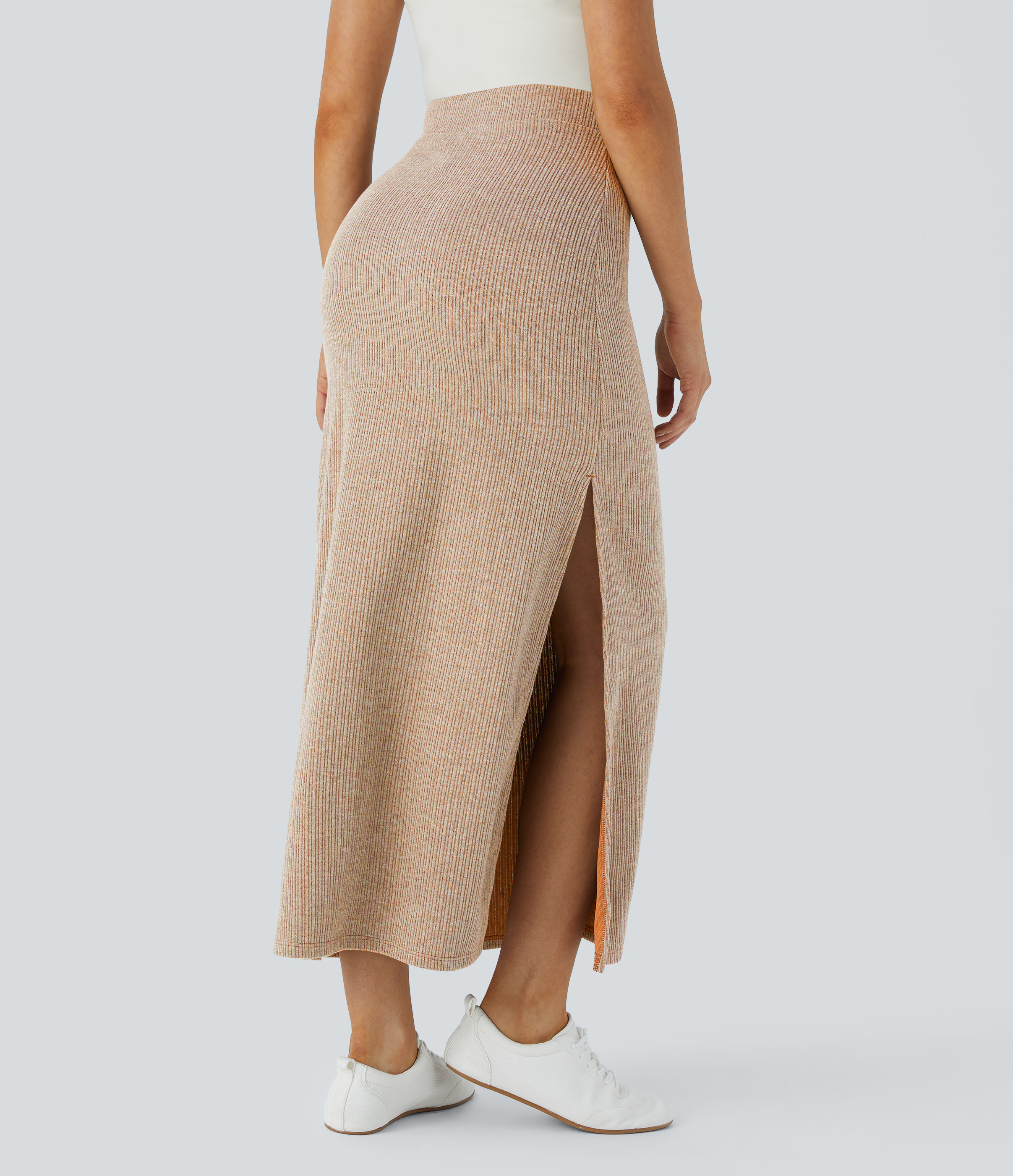 Halara Ribbed High Waisted Split Hem A Line Maxi Casual Skirt  - Copper Yellow Floral Yarn - XS(regular) 