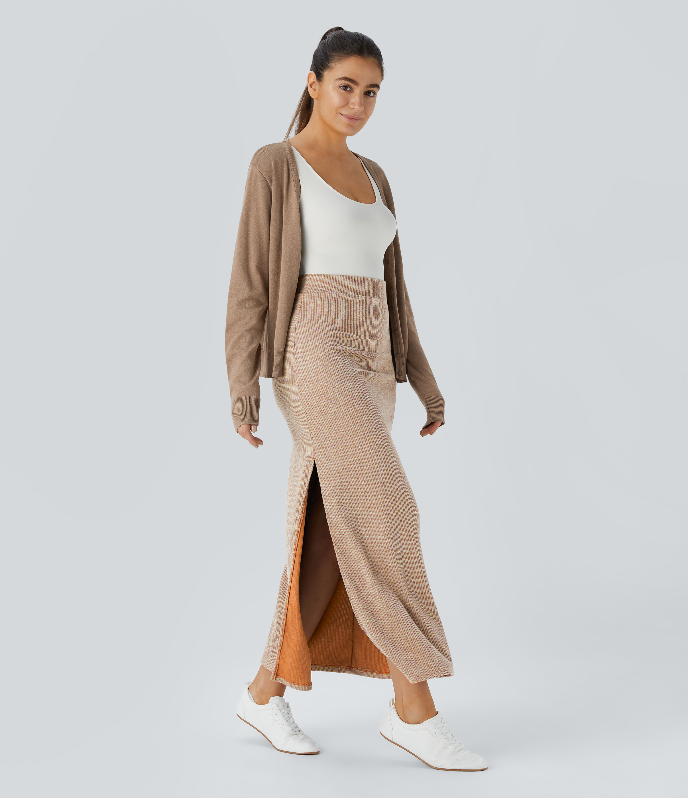 Halara Ribbed High Waisted Split Hem A Line Maxi Casual Skirt  - Copper Yellow Floral Yarn - XS(regular) 