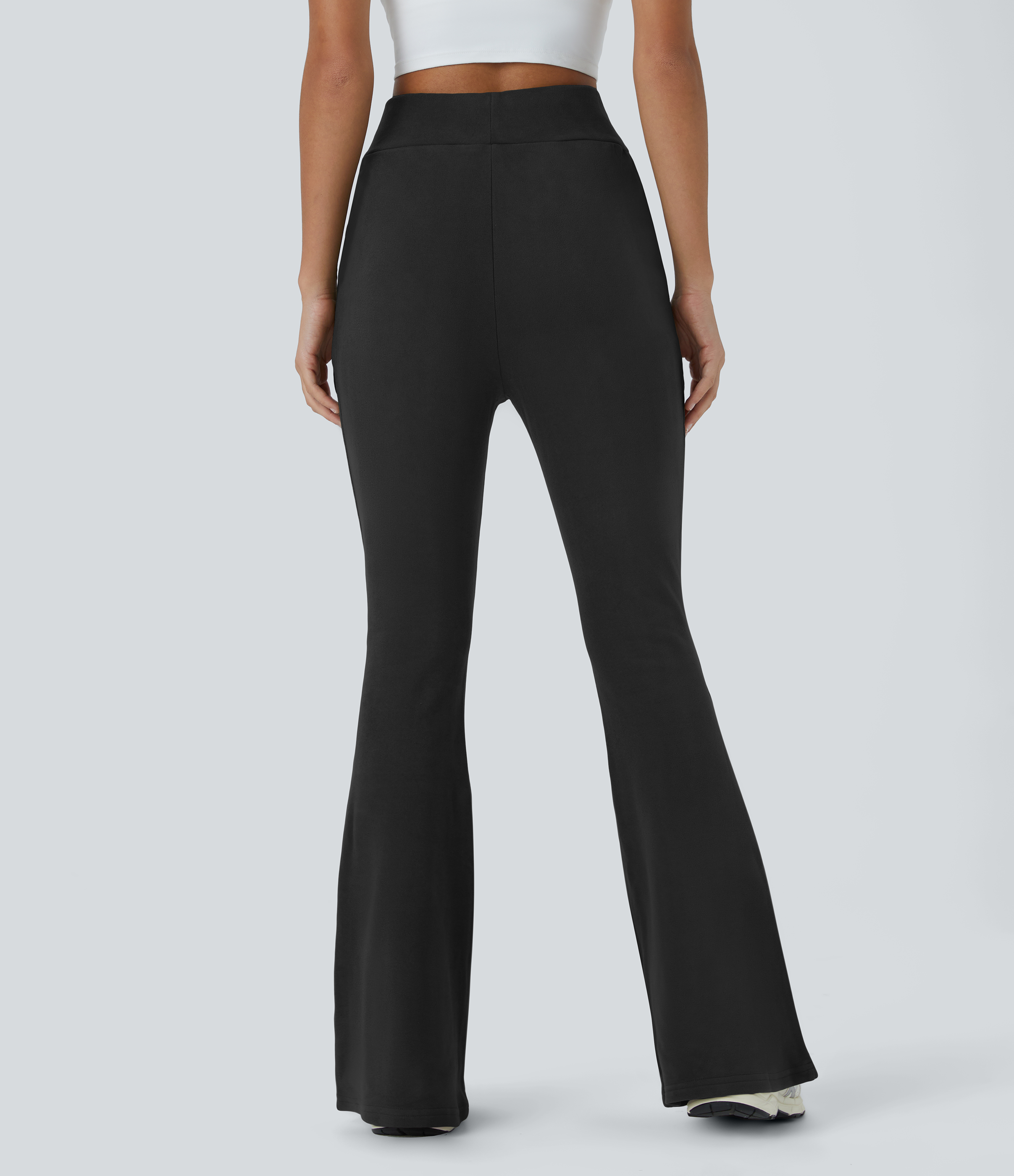 Halara High Waisted Drawstring Pocket Plain Flare Long Pants  - Black - S 