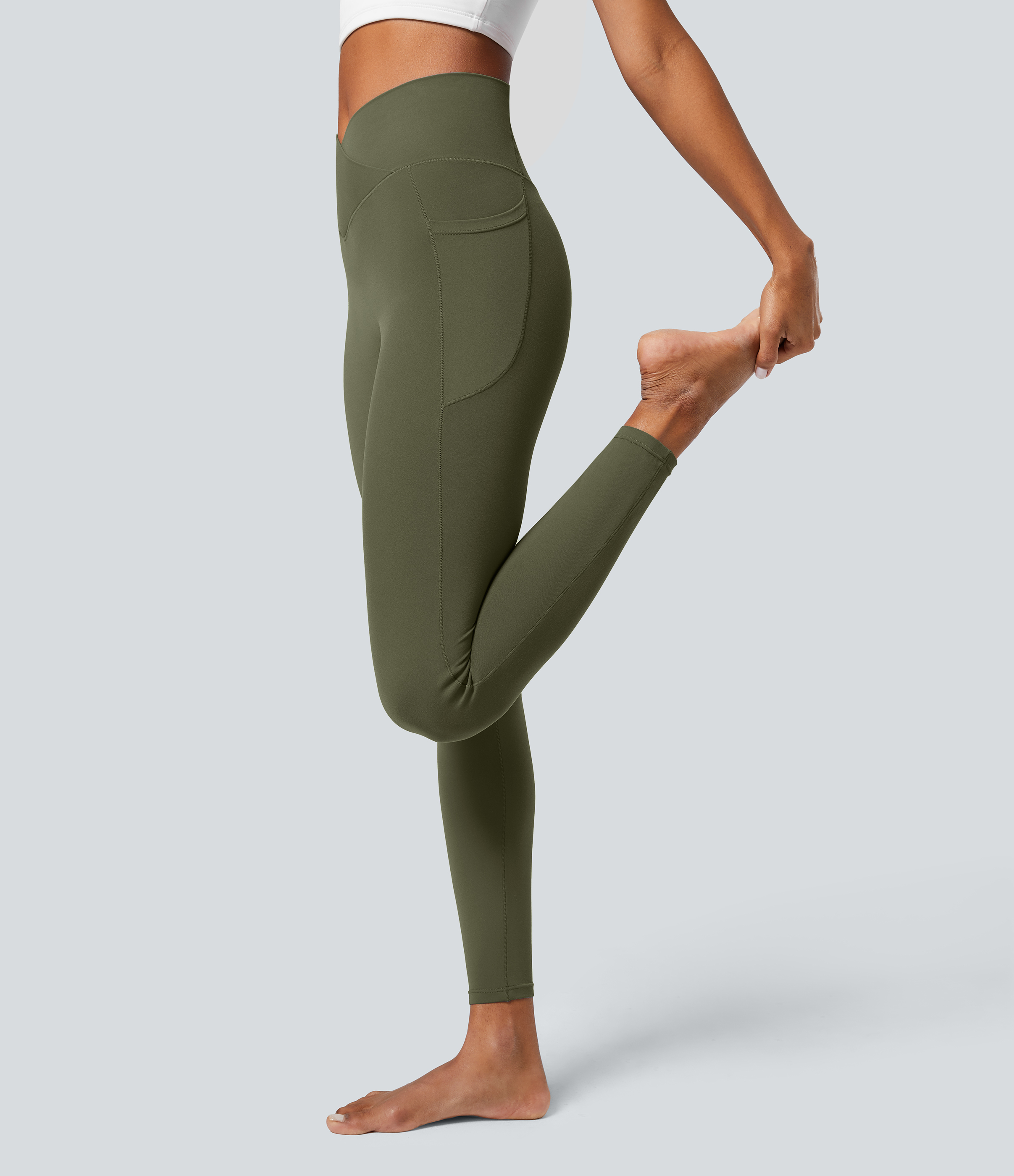 Halara Softlyzeroв„ў Crossover Pocket Plain Leggings-UPF50+  - Grass Grey Green - XL(full_length) gym leggings leggings with pockets 