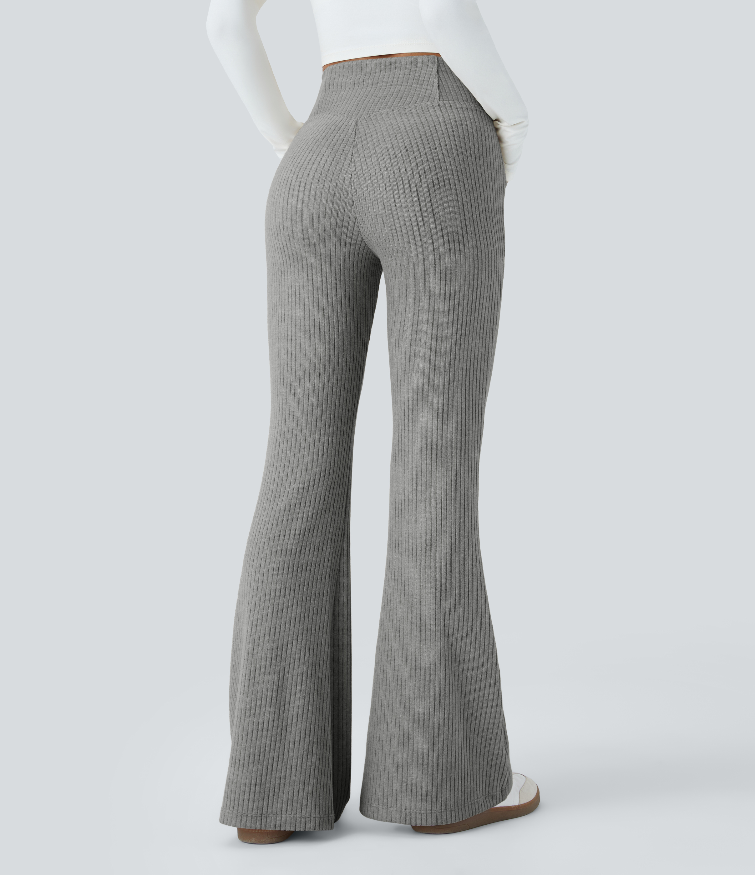 Halara Ribbed Knit Crossover High Waisted Side Pocket Casual Flare Pants  - Dark Mottled Grey - M(regular) sweatpants jogger pants 