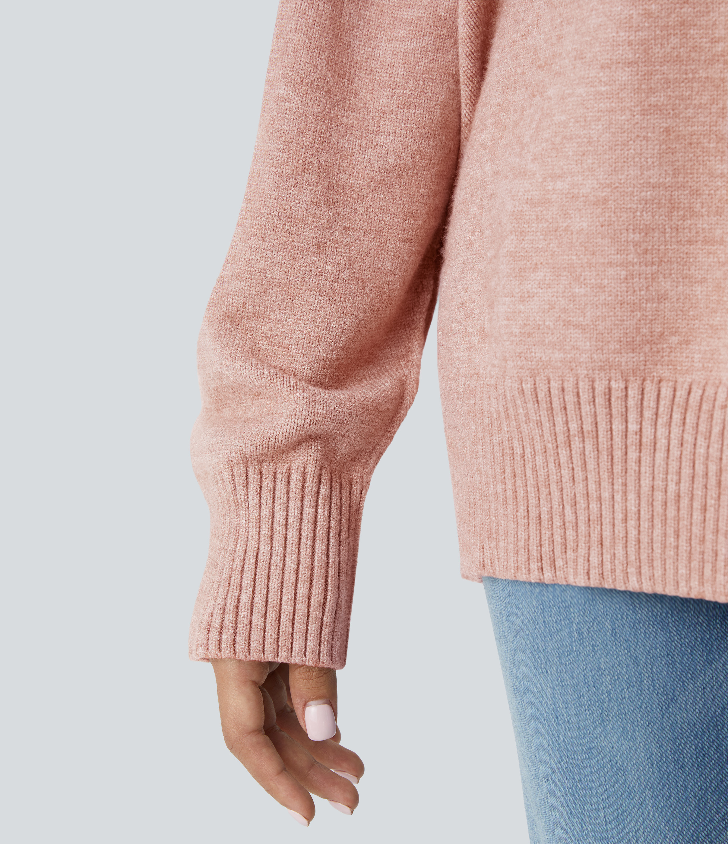 Halara Round Neck Dropped Shoulder Long Sleeve Casual Sweater  - Peachskin - S 