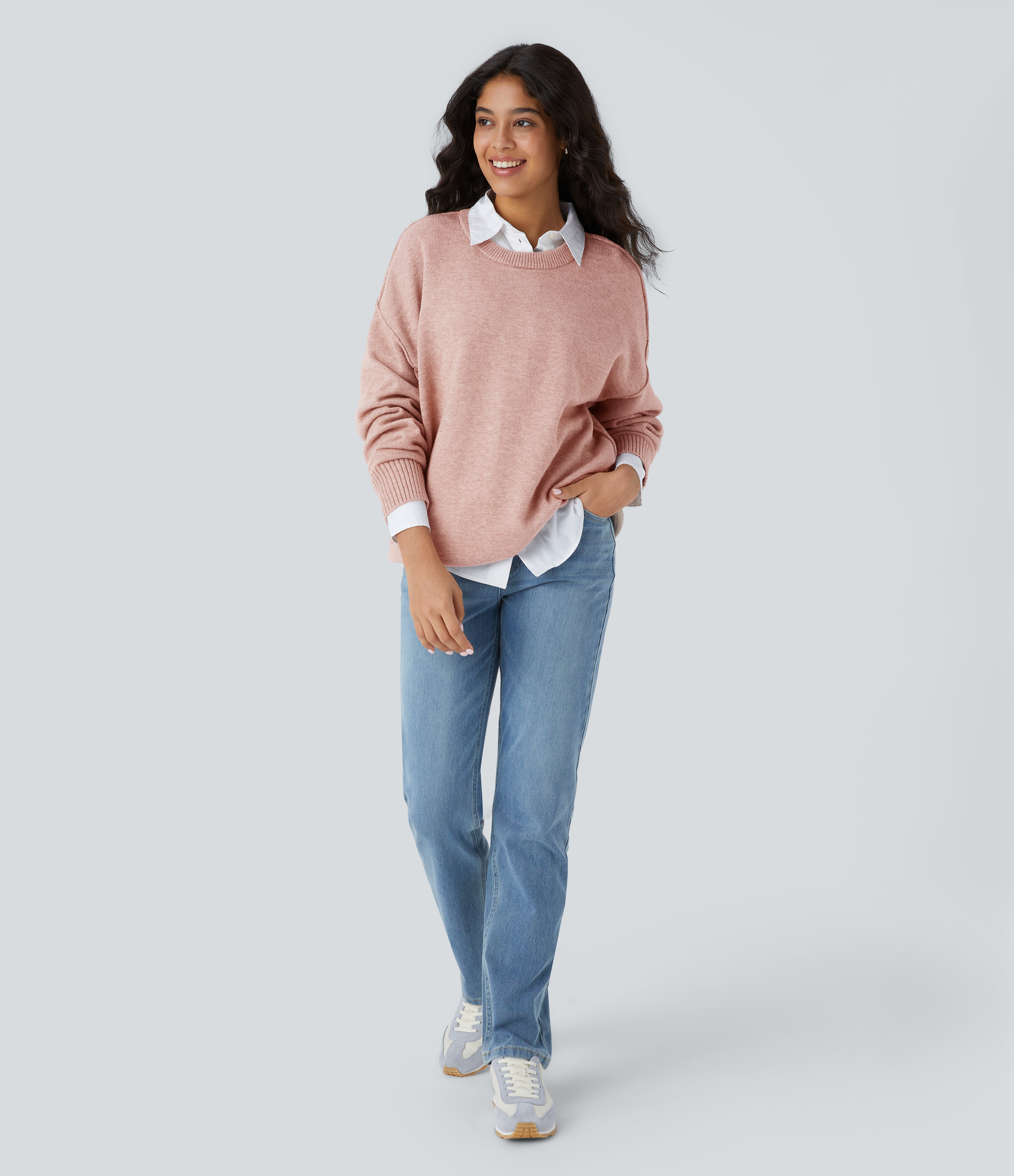 Halara Round Neck Dropped Shoulder Long Sleeve Casual Sweater  - Peachskin - S 