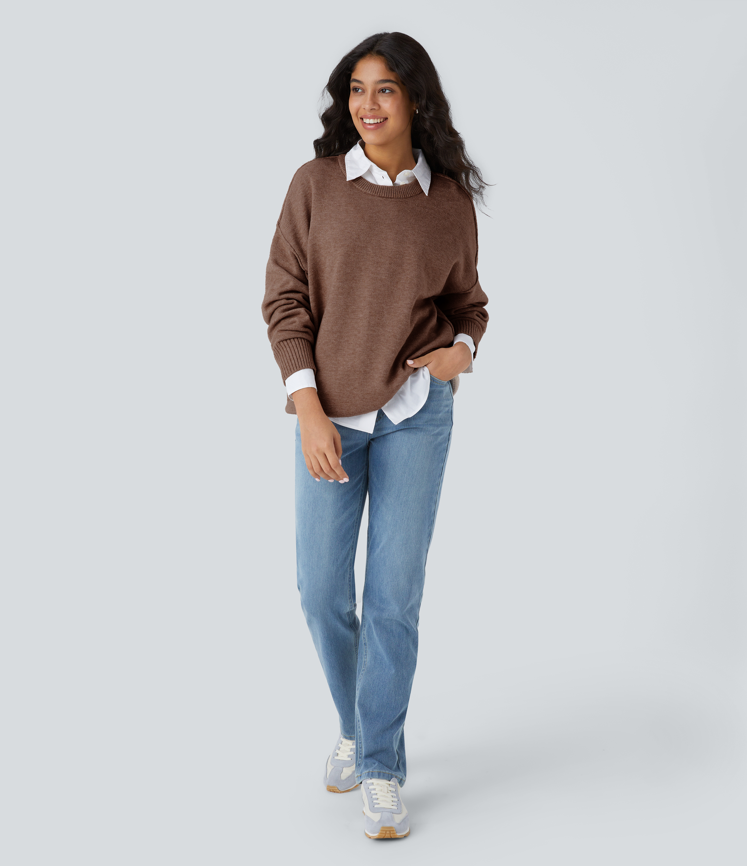 Halara Round Neck Dropped Shoulder Long Sleeve Casual Sweater  - Sorrel Horse - M 