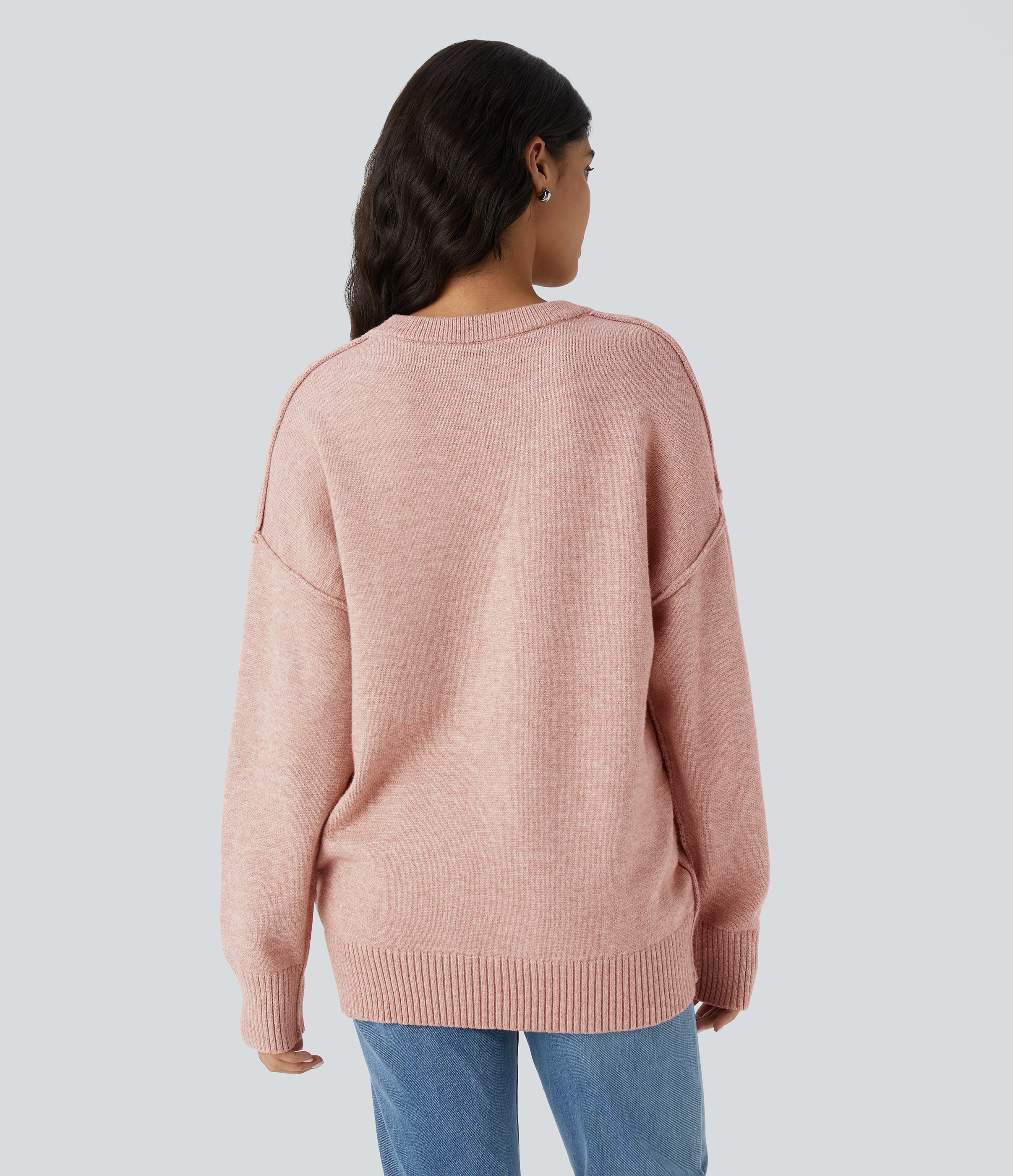 Halara Round Neck Dropped Shoulder Long Sleeve Casual Sweater  - Peachskin - S 