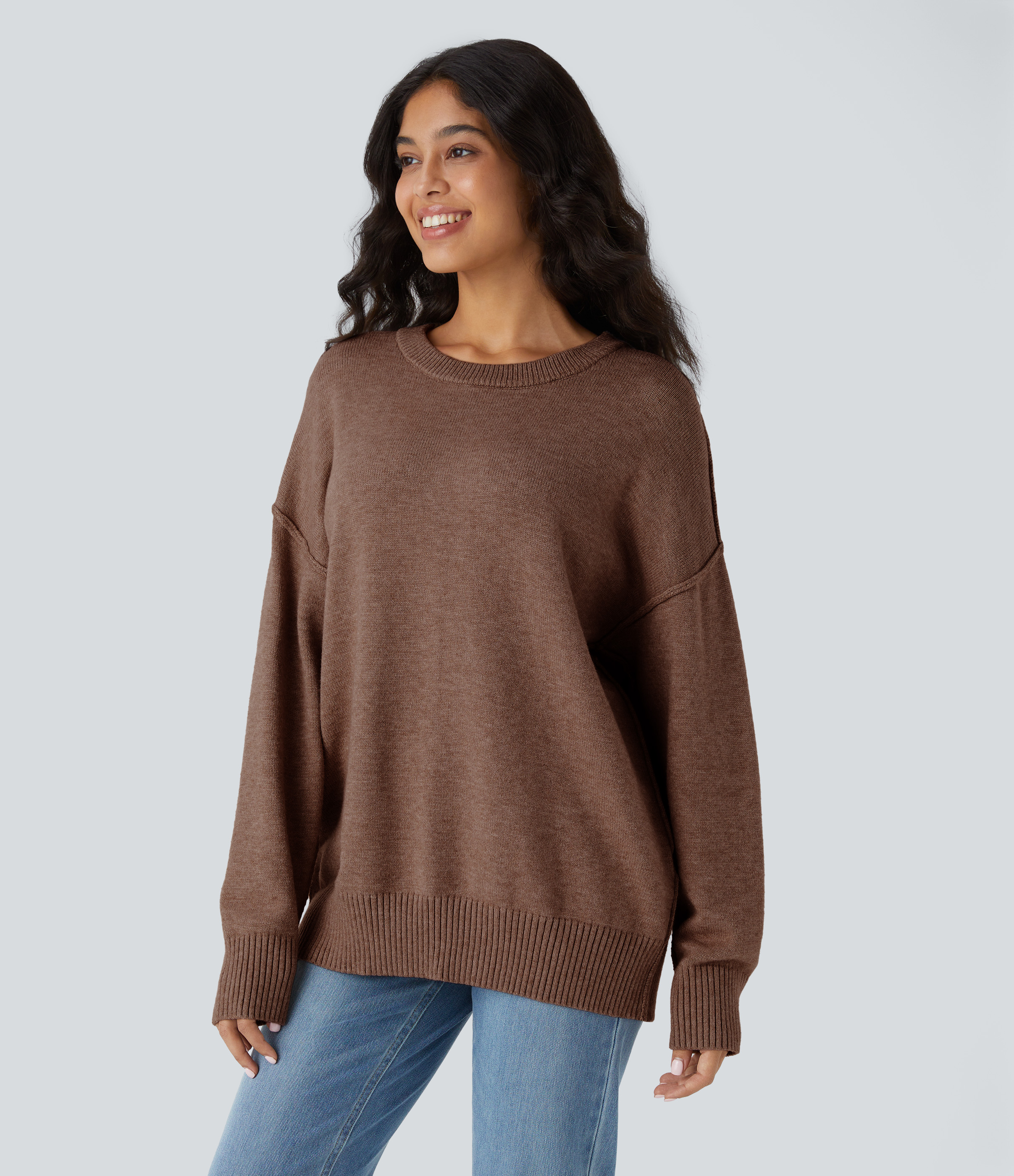 Halara Round Neck Dropped Shoulder Long Sleeve Casual Sweater  - Sorrel Horse - M 