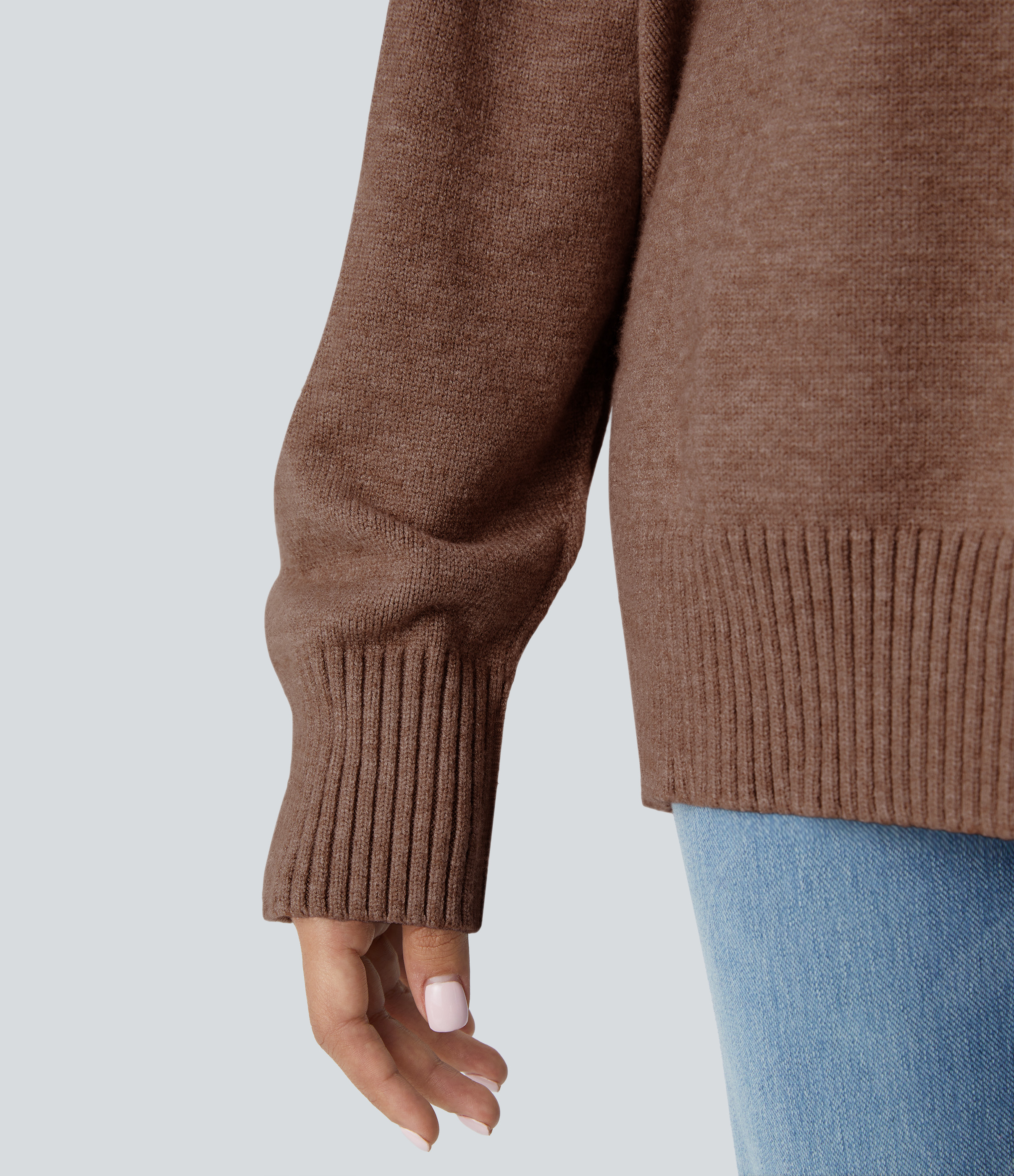 Halara Round Neck Dropped Shoulder Long Sleeve Casual Sweater  - Sorrel Horse - M 