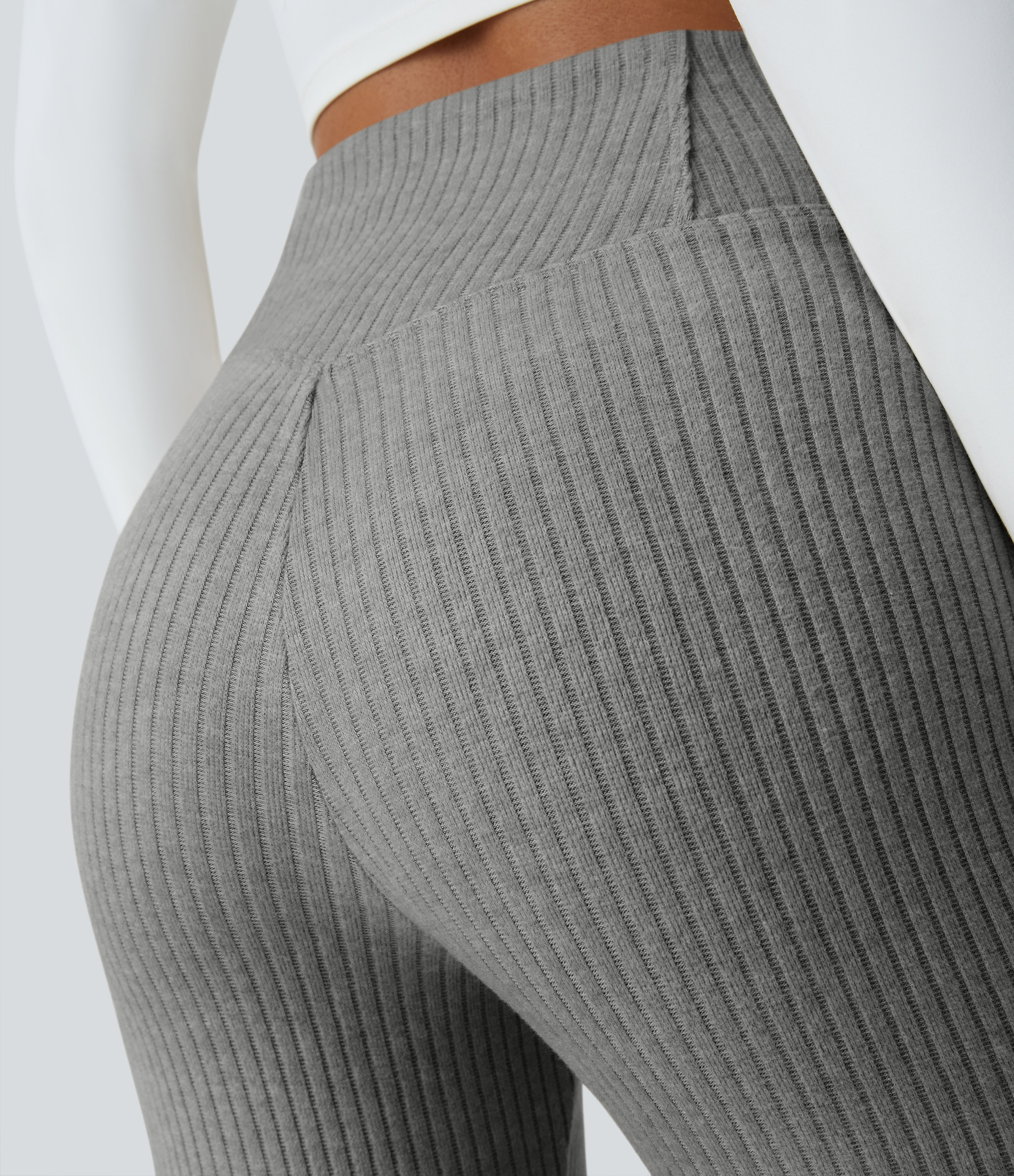 Halara Ribbed Knit Crossover High Waisted Side Pocket Casual Flare Pants  - Dark Mottled Grey - M(regular) sweatpants jogger pants 