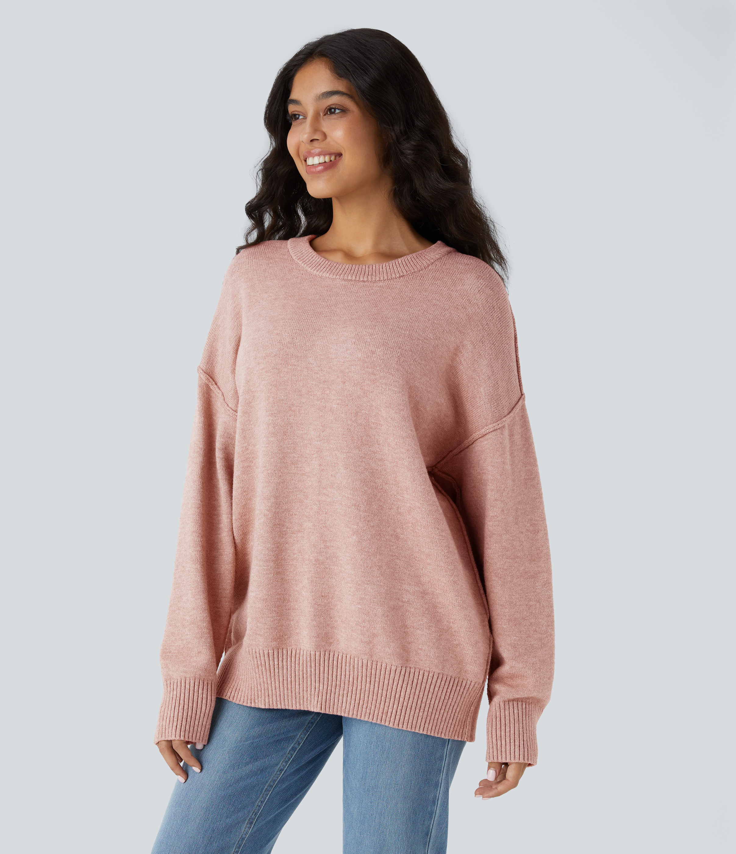 Halara Round Neck Dropped Shoulder Long Sleeve Casual Sweater  - Peachskin - S 