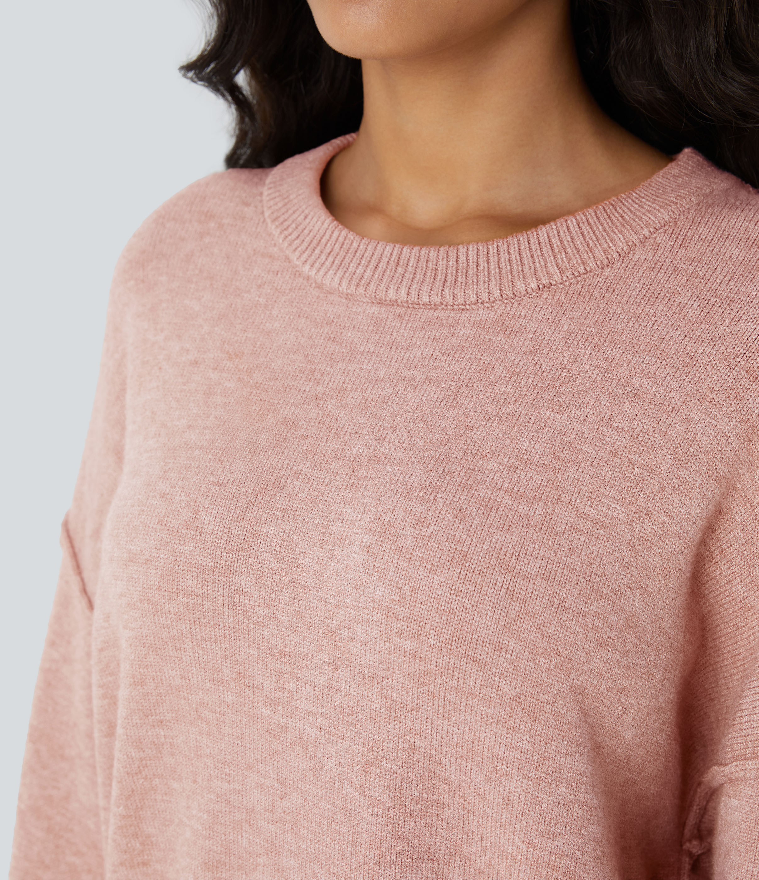 Halara Round Neck Dropped Shoulder Long Sleeve Casual Sweater  - Peachskin - S 