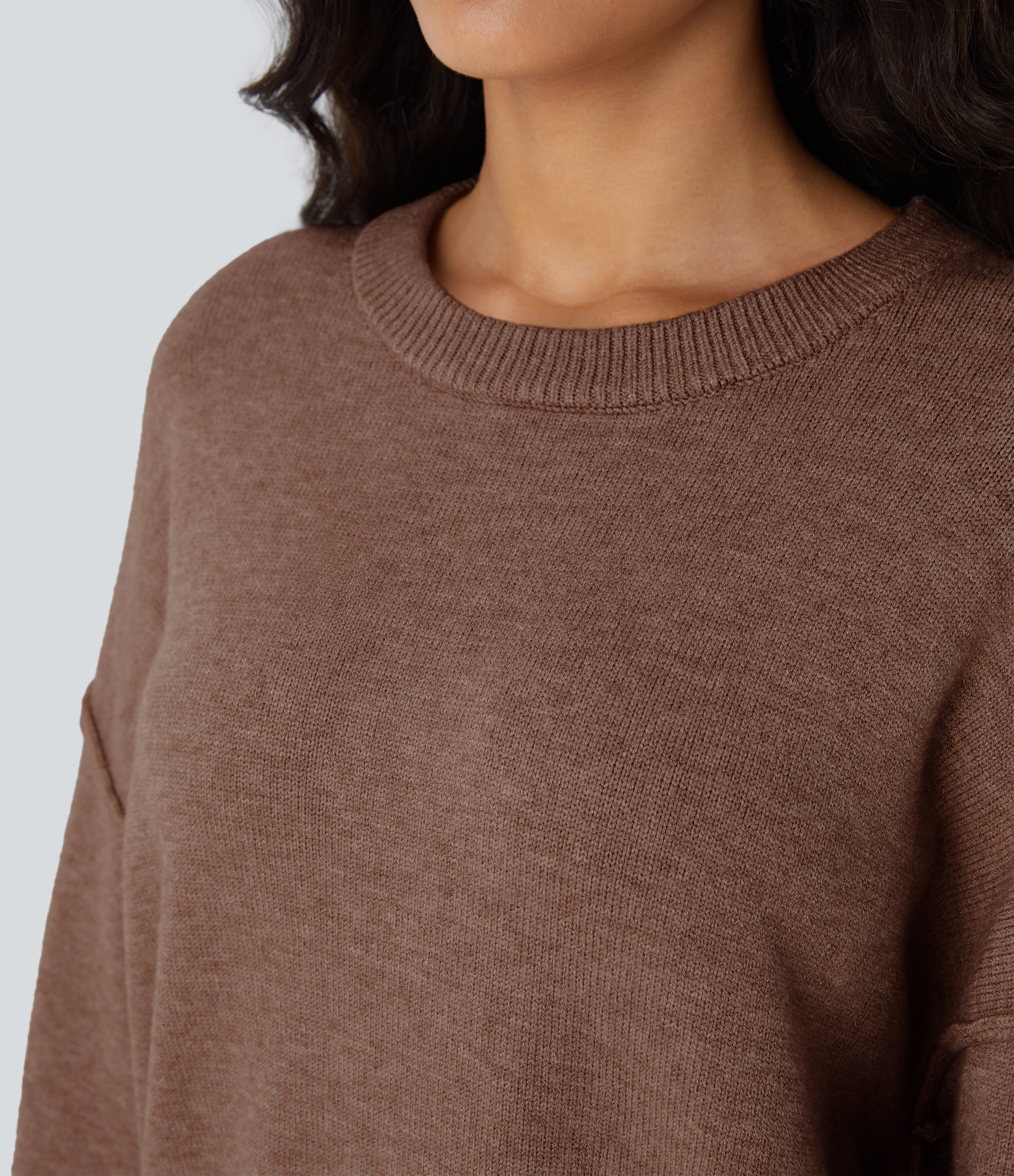 Halara Round Neck Dropped Shoulder Long Sleeve Casual Sweater  - Sorrel Horse - M 