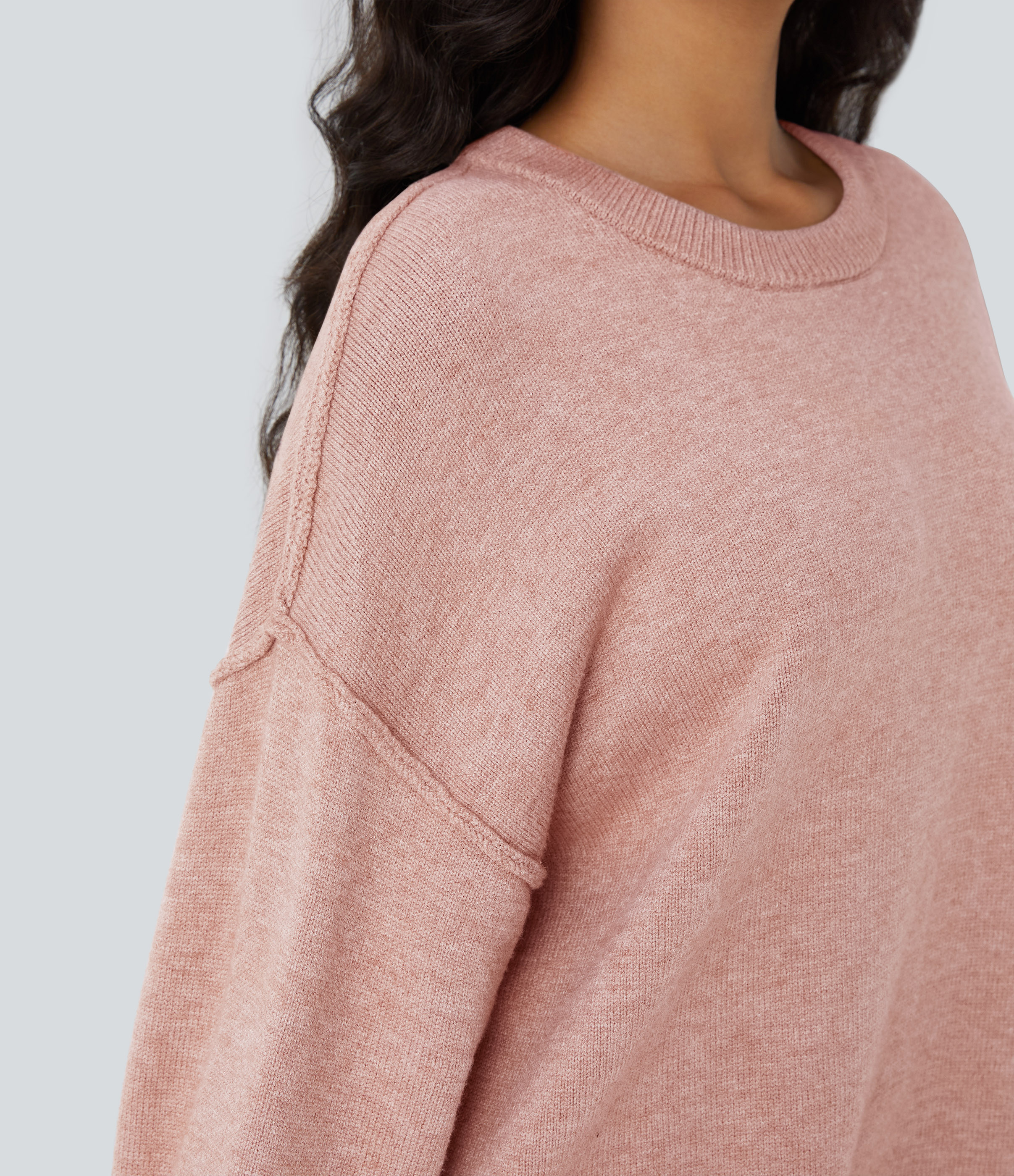 Halara Round Neck Dropped Shoulder Long Sleeve Casual Sweater  - Peachskin - S 