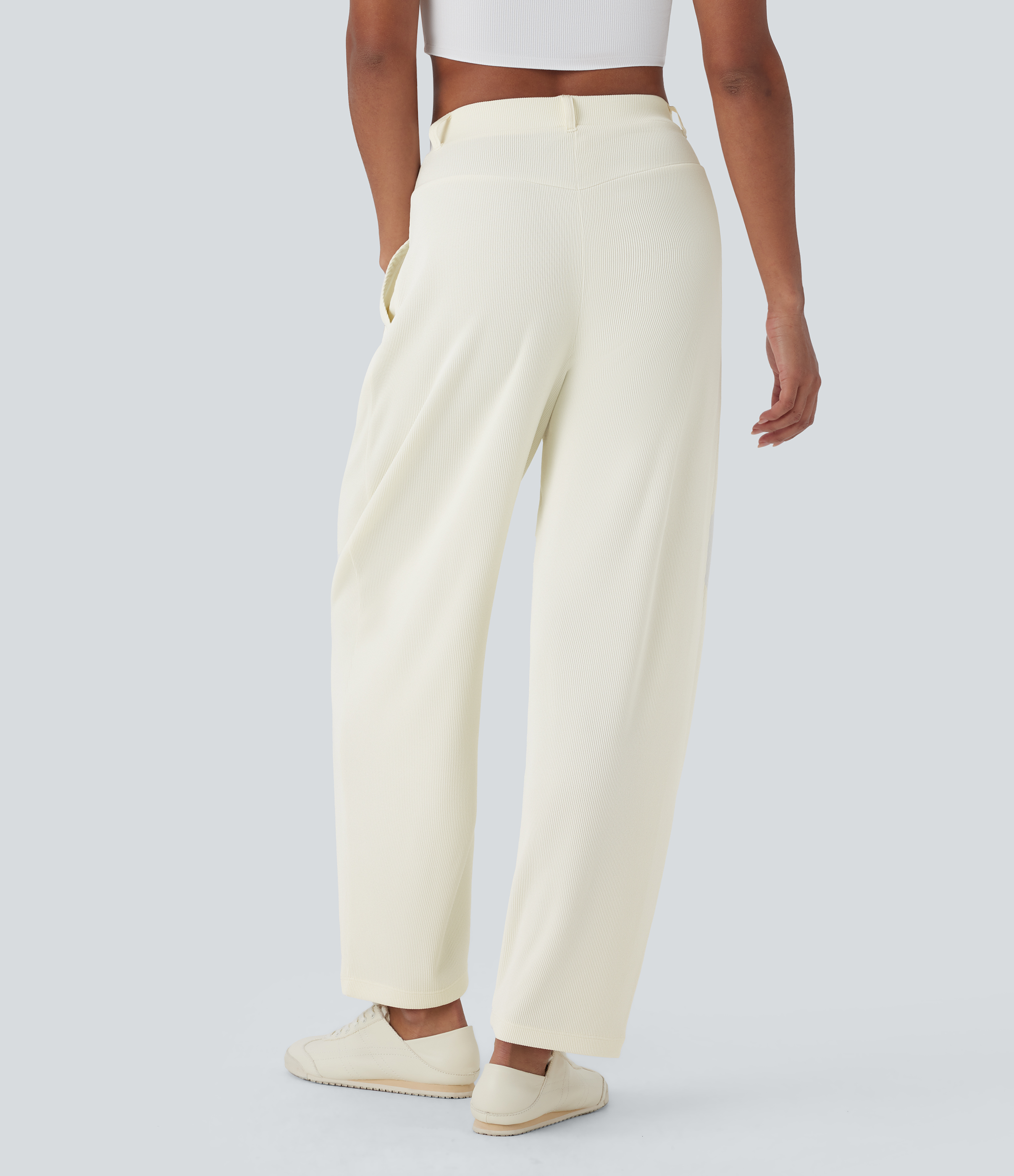 Halara Ribbed High Waisted Side Pocket  Barrel Leg Work Pants  - Warm Yellow Cake - M(regular) sweatpants jogger pants stacked sweatpants 