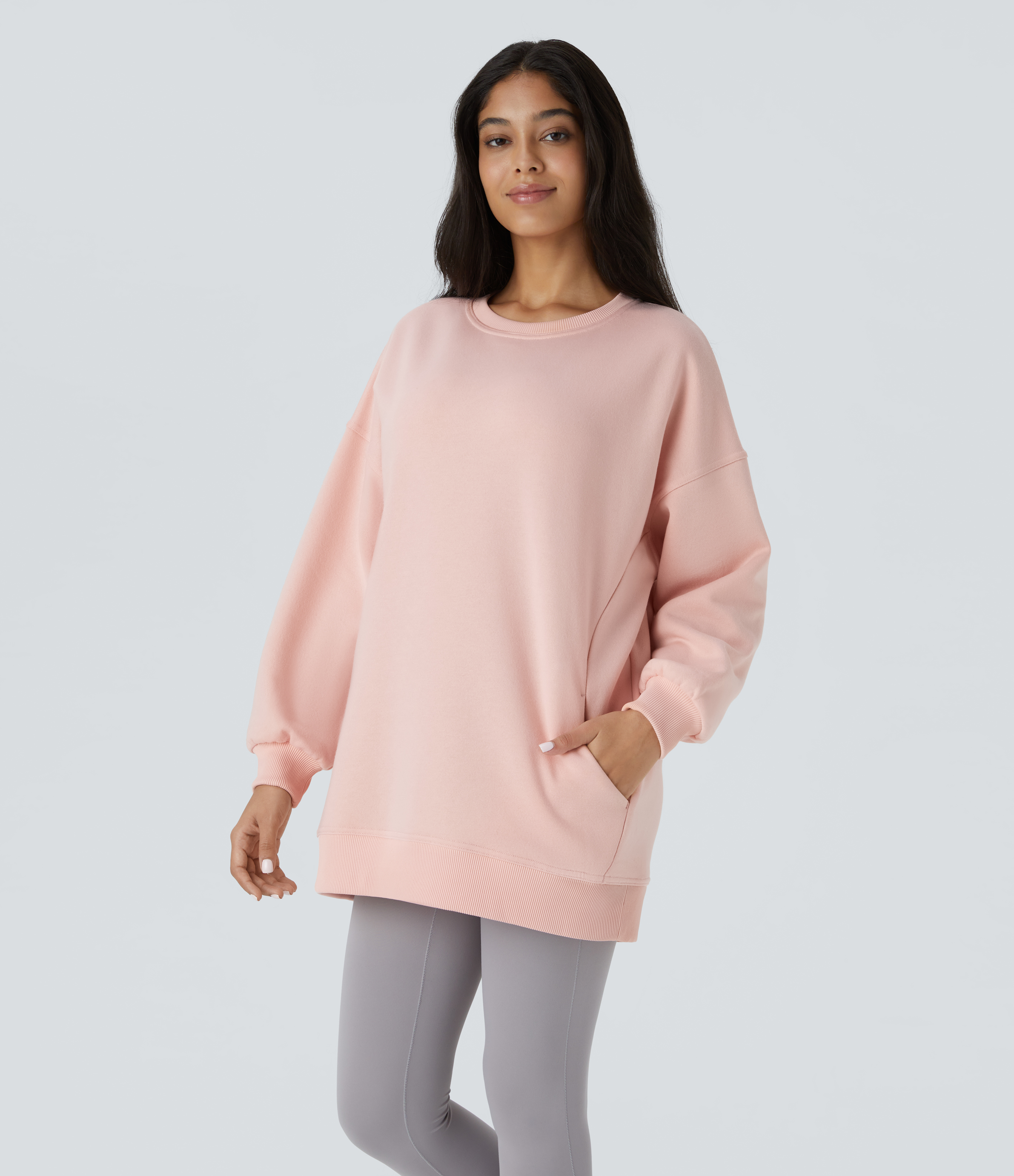 Halara Round Neck Long Sleeve Side Pocket Oversize Fleece Casual Sweatshirt  - Peachy Keen - S 