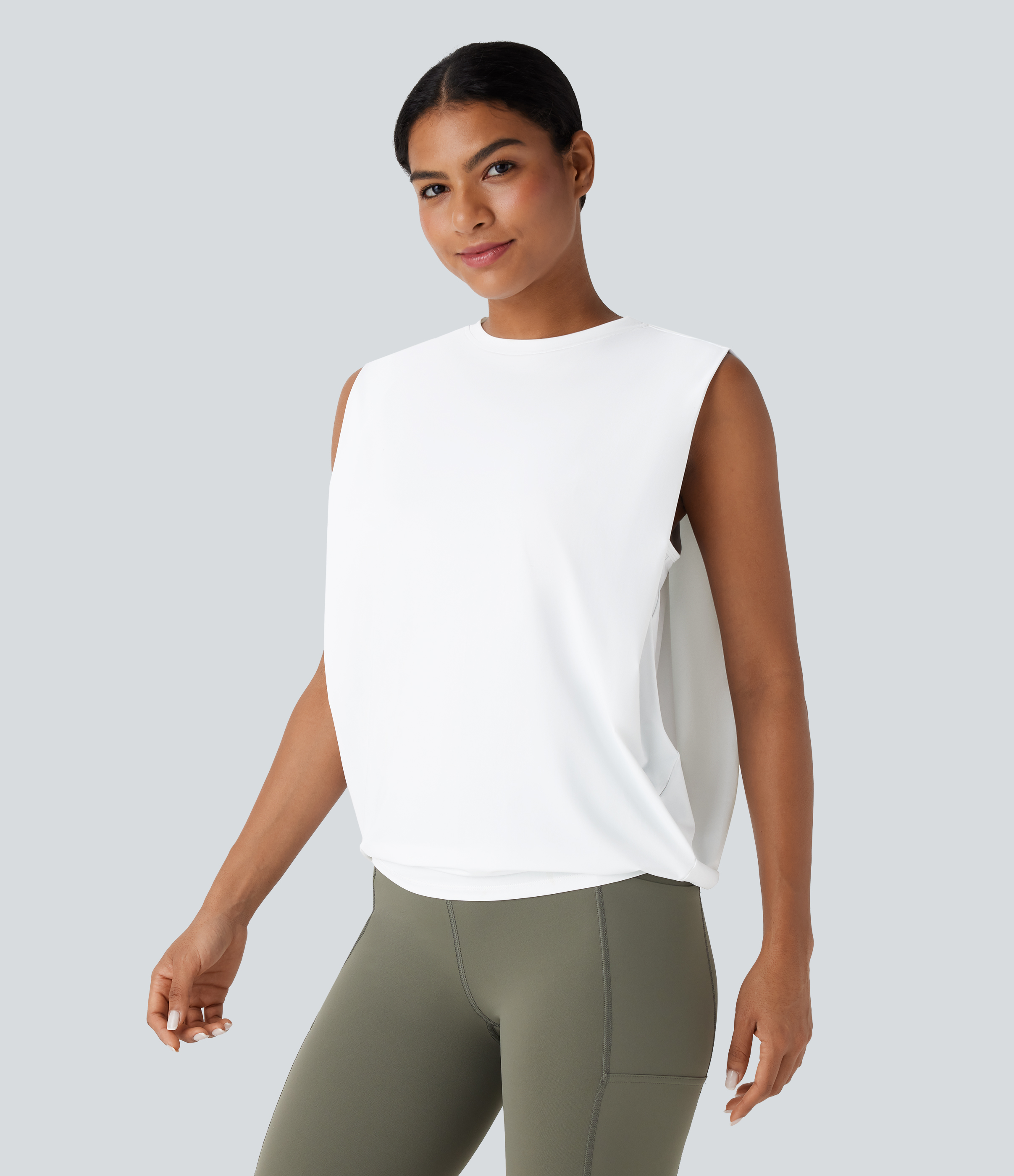 Halara Round Neck Ruched Cool Touch Yoga Tank Top Tank Top - White - M golf tops halter top tunic tops sleeveless tops backless top 