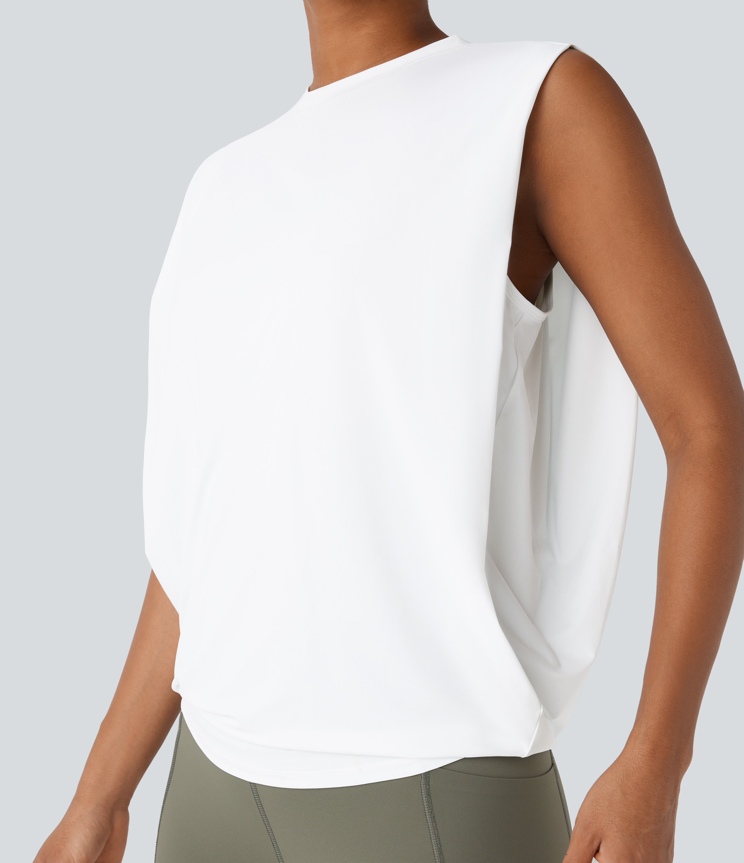 Halara Round Neck Ruched Cool Touch Yoga Tank Top Tank Top - White - M golf tops halter top tunic tops sleeveless tops backless top 