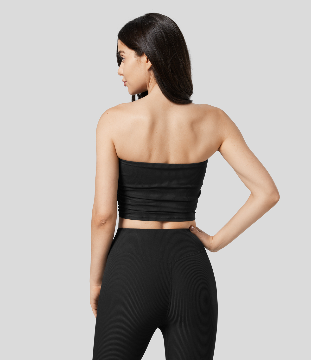 Halara Ribbed Knit Ruched Cropped Yoga Tube Top Tank Top - Black - XS golf tops halter top tunic tops sleeveless tops backless top 