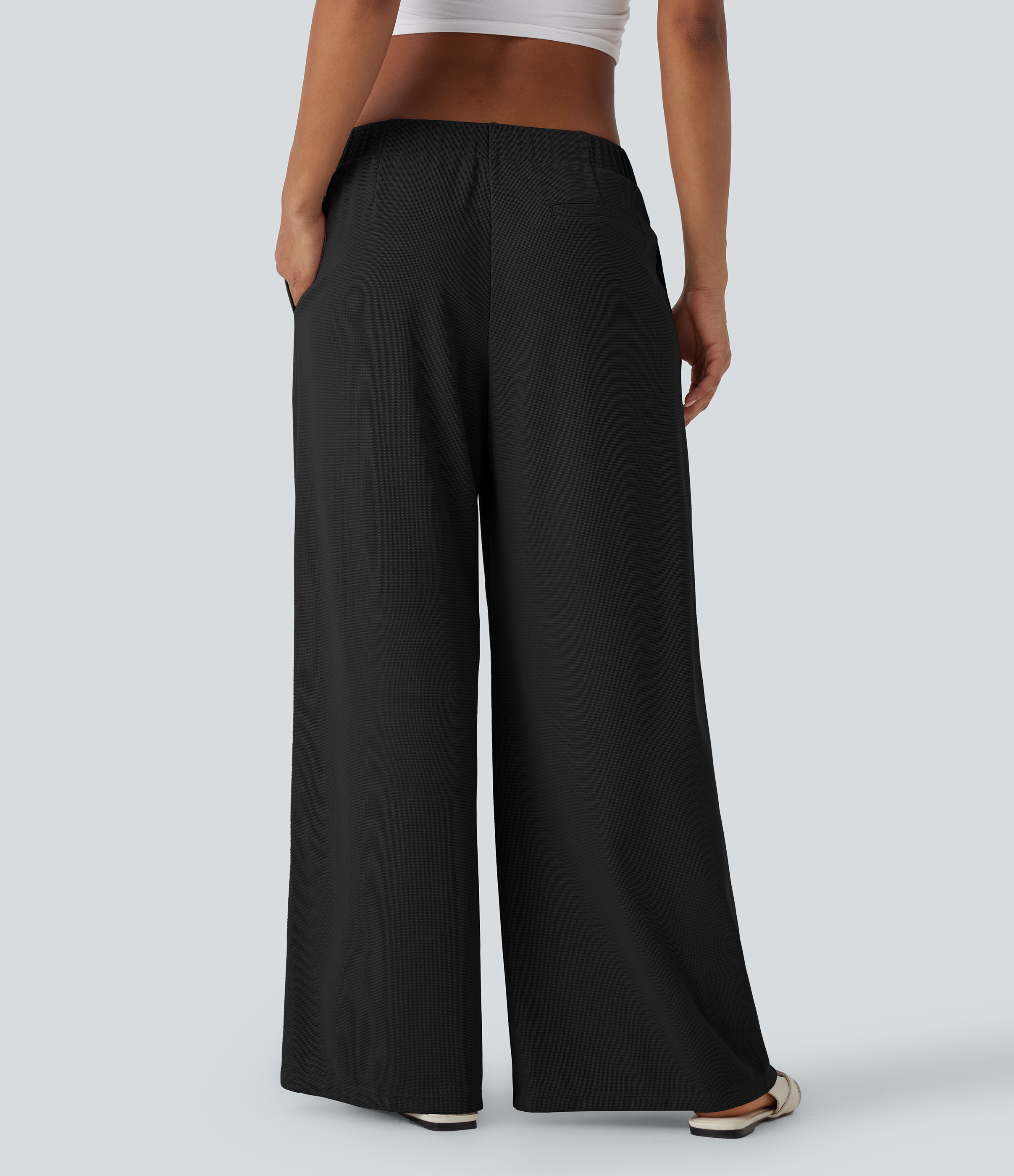 Halara Low Rise Side Pocket Wide Leg Waffle Casual Pants  - Black - XS(regular) sweatpants jogger pants stacked sweatpants cargo joggers 