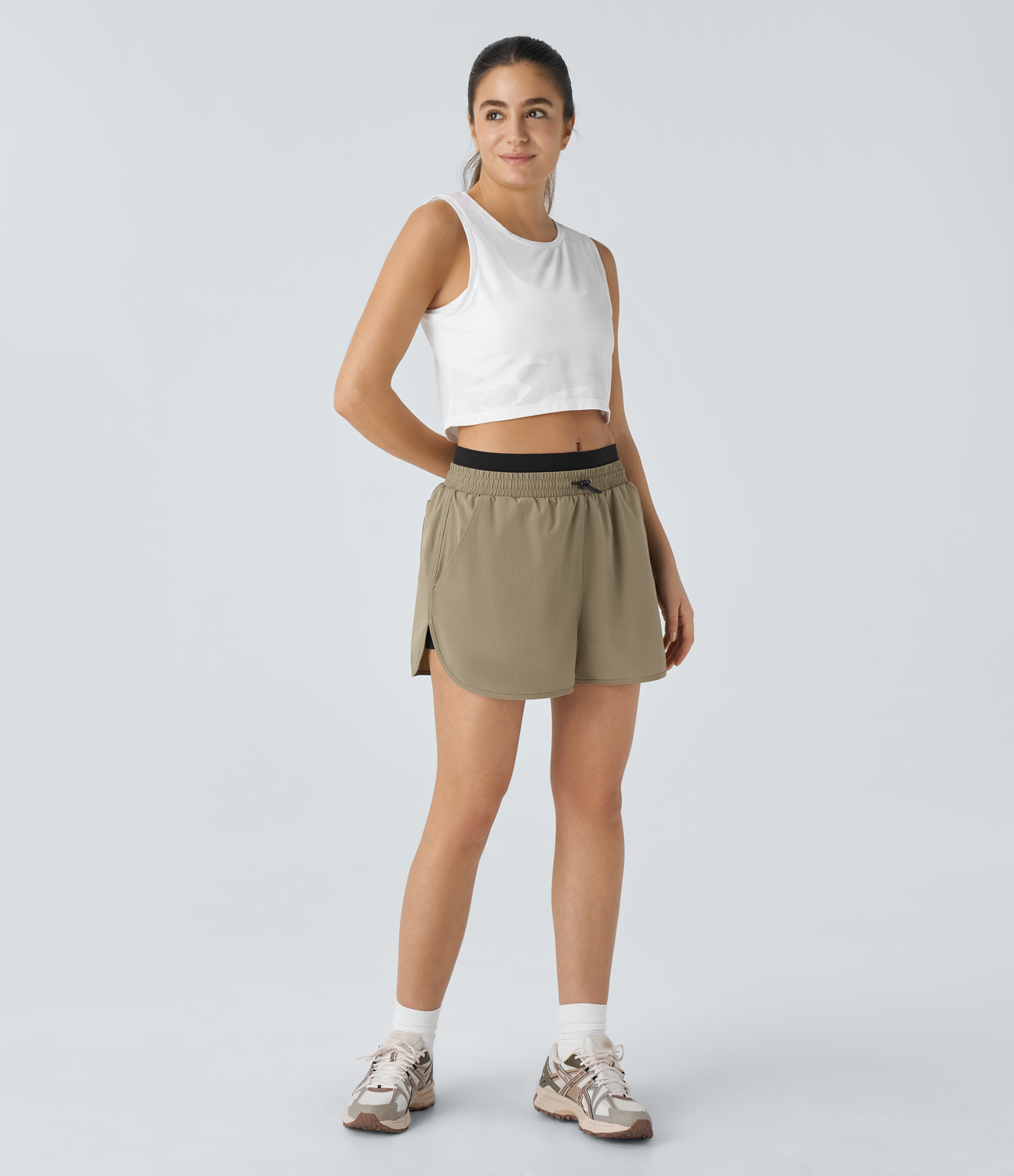 Halara Mid Rise Color Block Reflective Adjustable Drawcord Multiple Pockets Curved Hem 2-in-1 Hiking Shorts Gym Short - Tree House - M 
