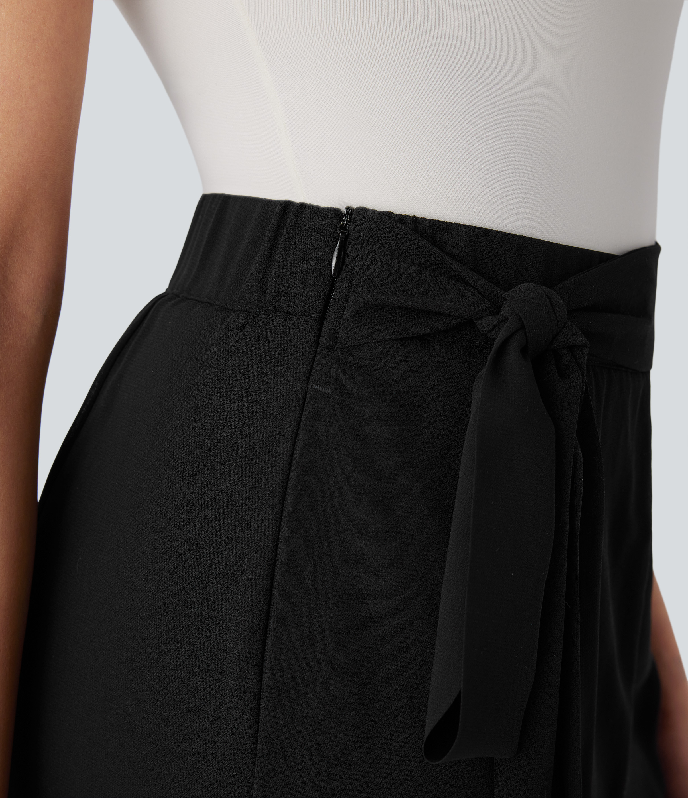 Halara Breezefulв„ў High Waisted Tie Front Invisible Zipper Side Pocket Straight Leg Sheer Chiffon Flowy Quick Dry Work Pants  - Black - XS(regular) 
