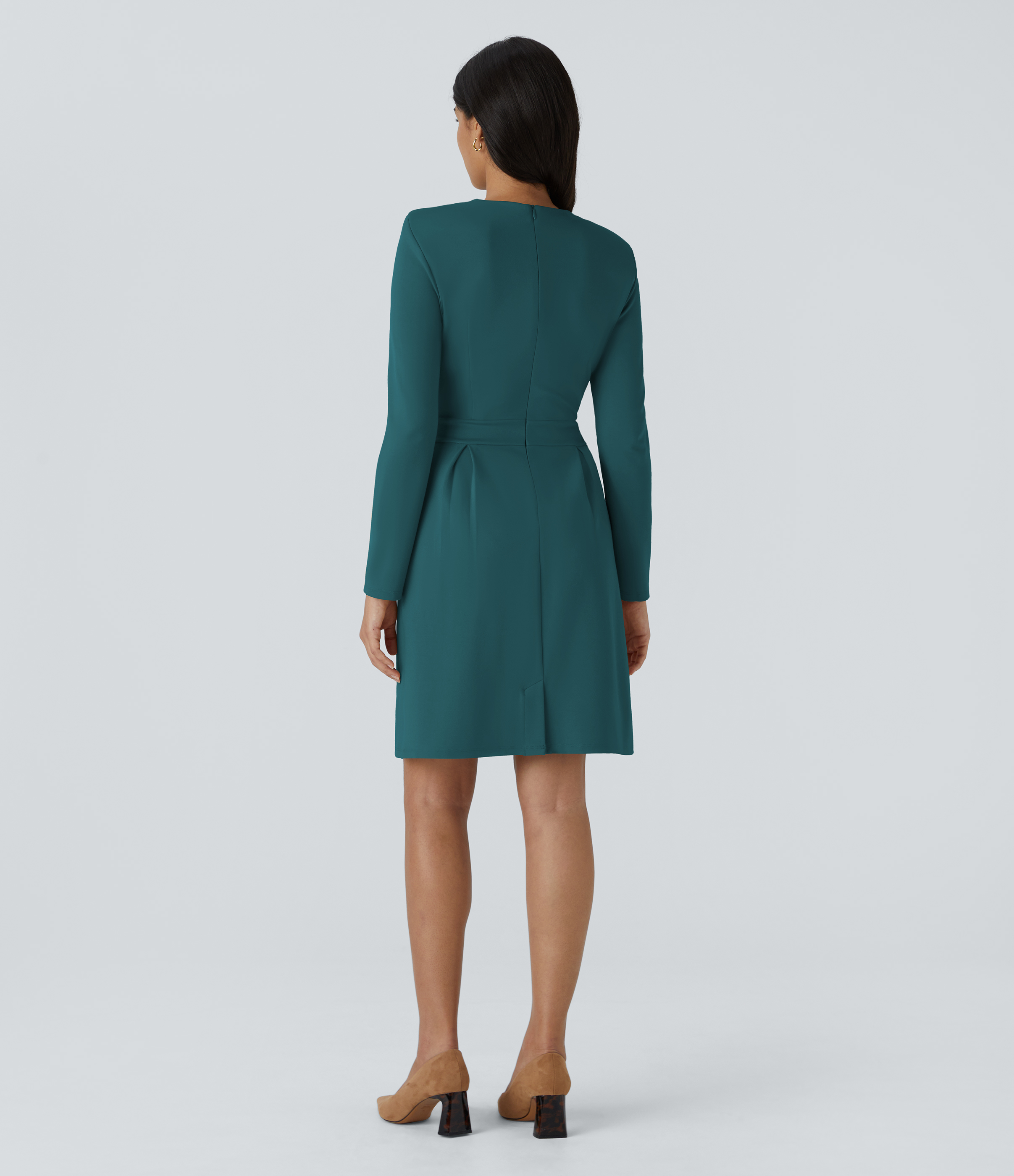 Halara Round Neck Shoulder Pad Long Sleeve Invisible Zipper Split Hem Slim Mini Work Dress Casual Dress - Deep Teal - M(regular) slip dress 