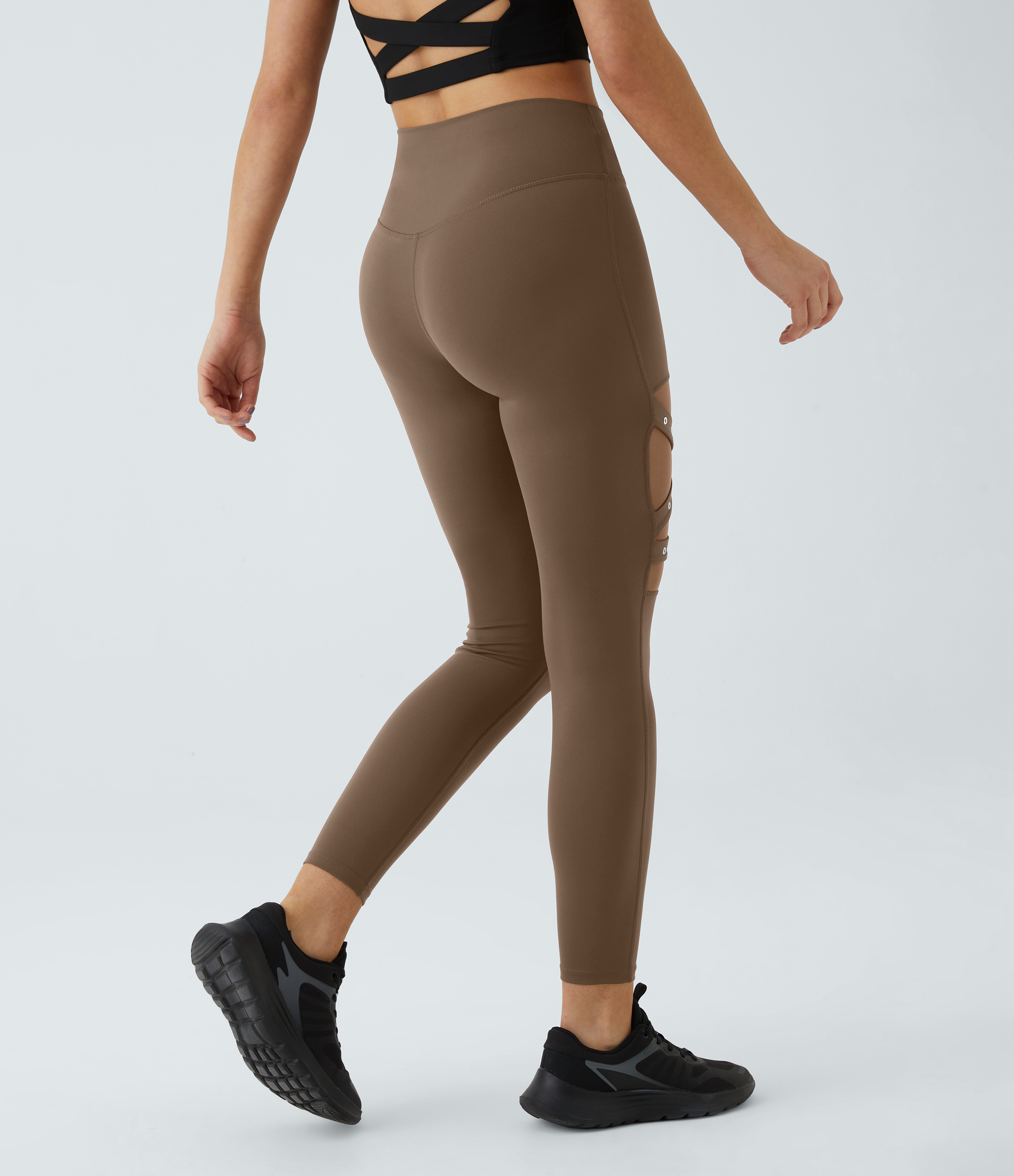 Halara High Waisted Crossover Contrast Mesh Decorative Buckle Yoga 7/8 Leggings  - Sepia - S(7/8) gym leggings leggings with pockets 