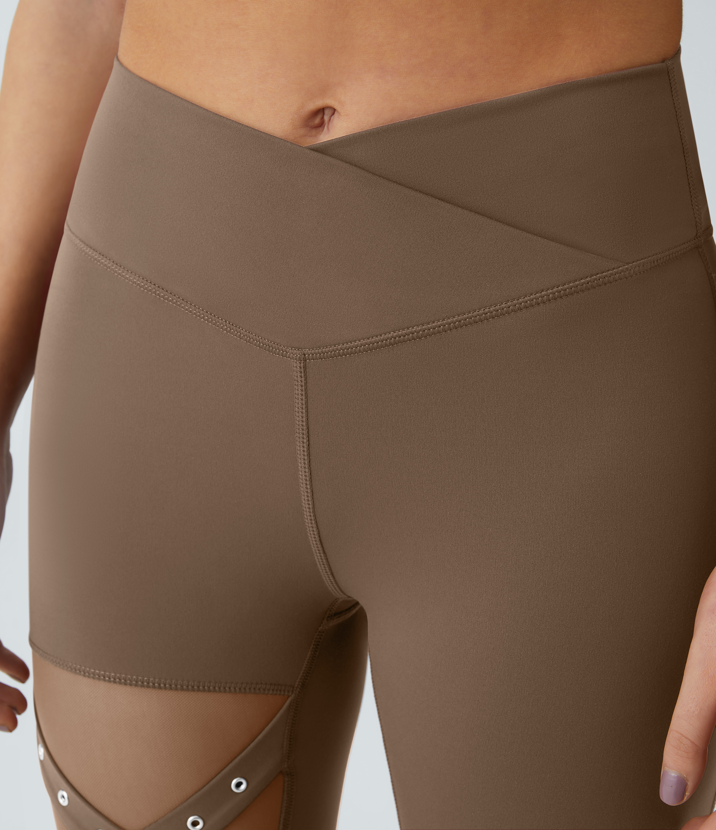 Halara High Waisted Crossover Contrast Mesh Decorative Buckle Yoga 7/8 Leggings  - Sepia - S(7/8) gym leggings leggings with pockets 