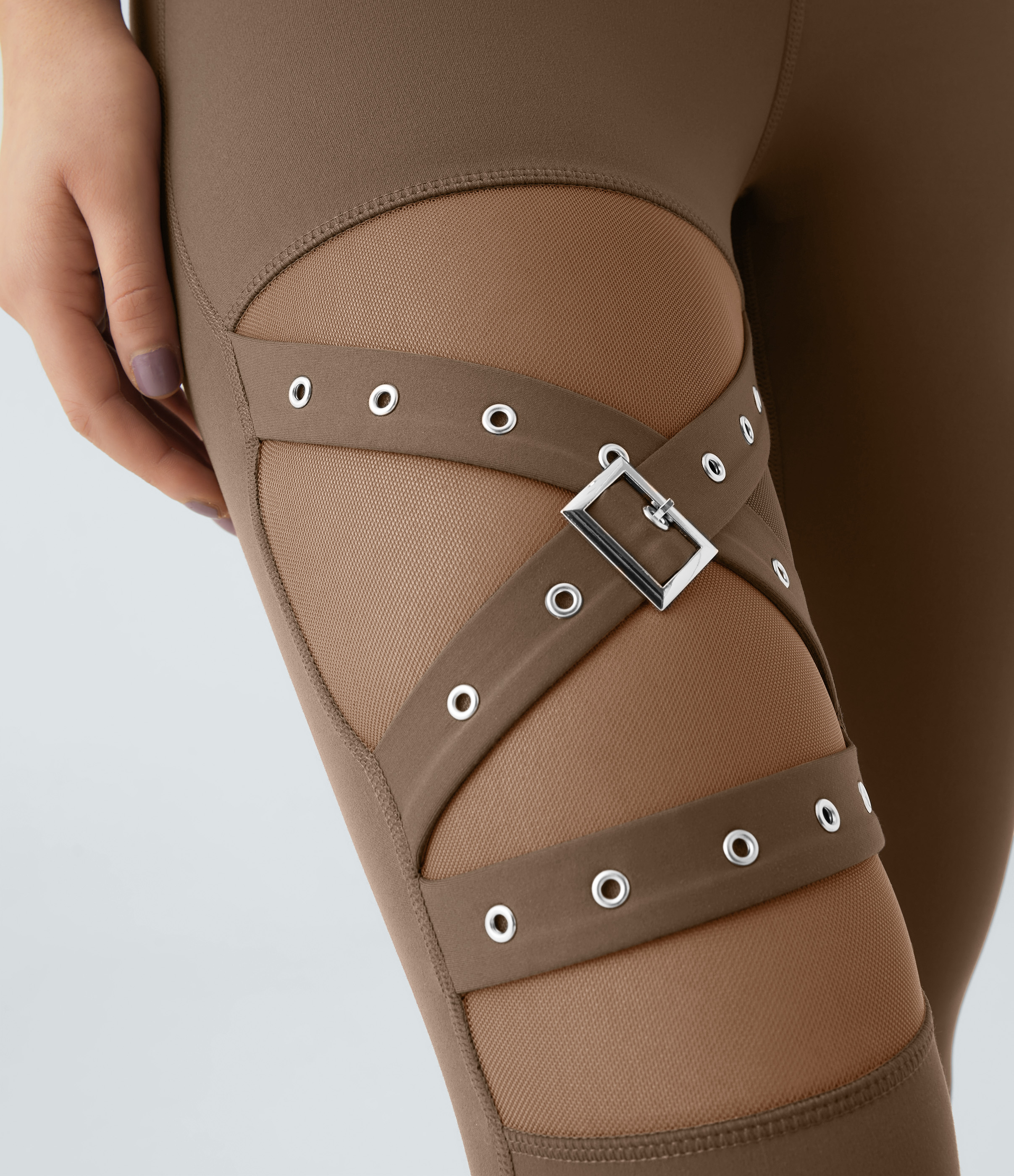 Halara High Waisted Crossover Contrast Mesh Decorative Buckle Yoga 7/8 Leggings  - Sepia - S(7/8) gym leggings leggings with pockets 