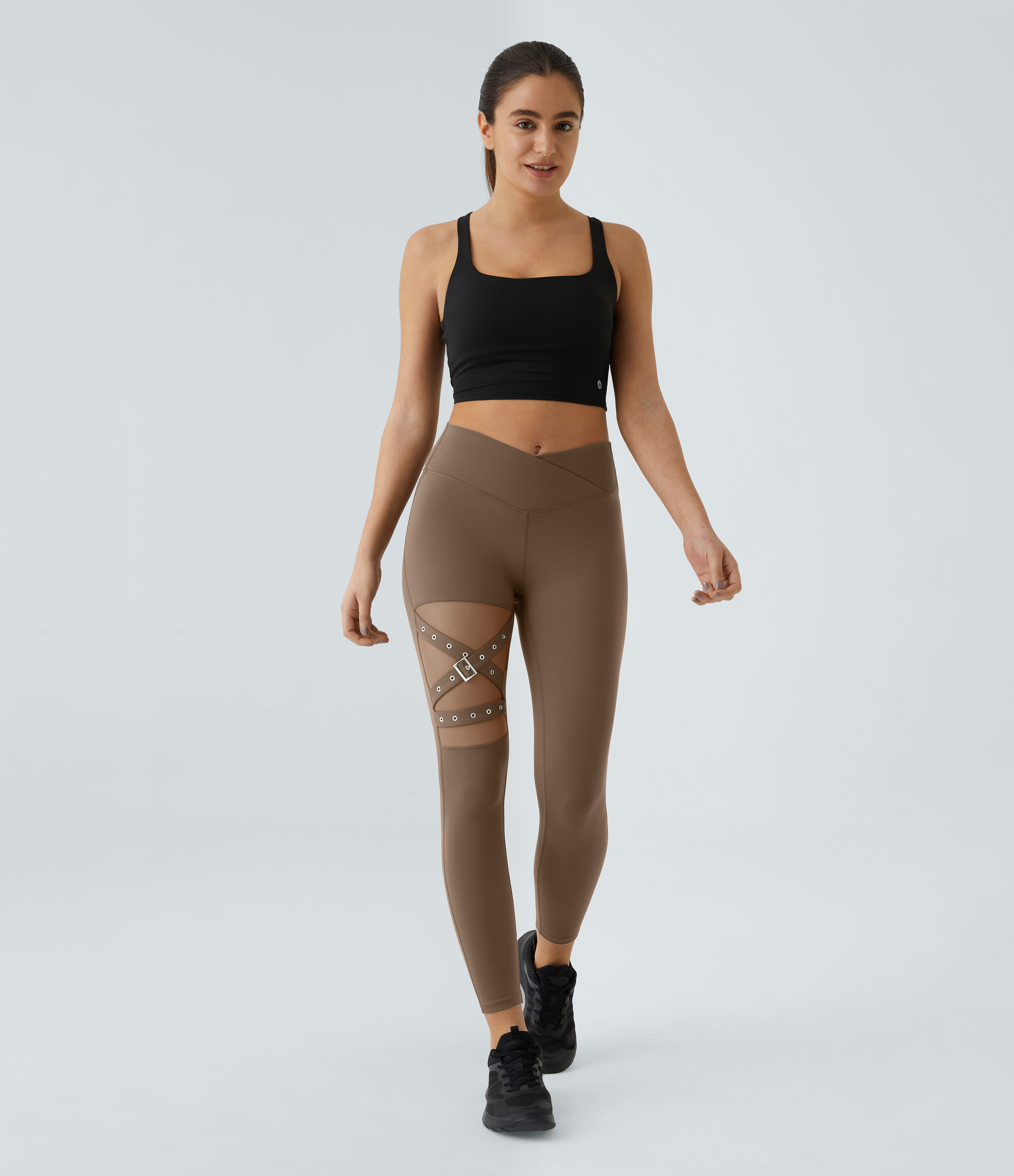 Halara High Waisted Crossover Contrast Mesh Decorative Buckle Yoga 7/8 Leggings  - Sepia - S(7/8) gym leggings leggings with pockets 