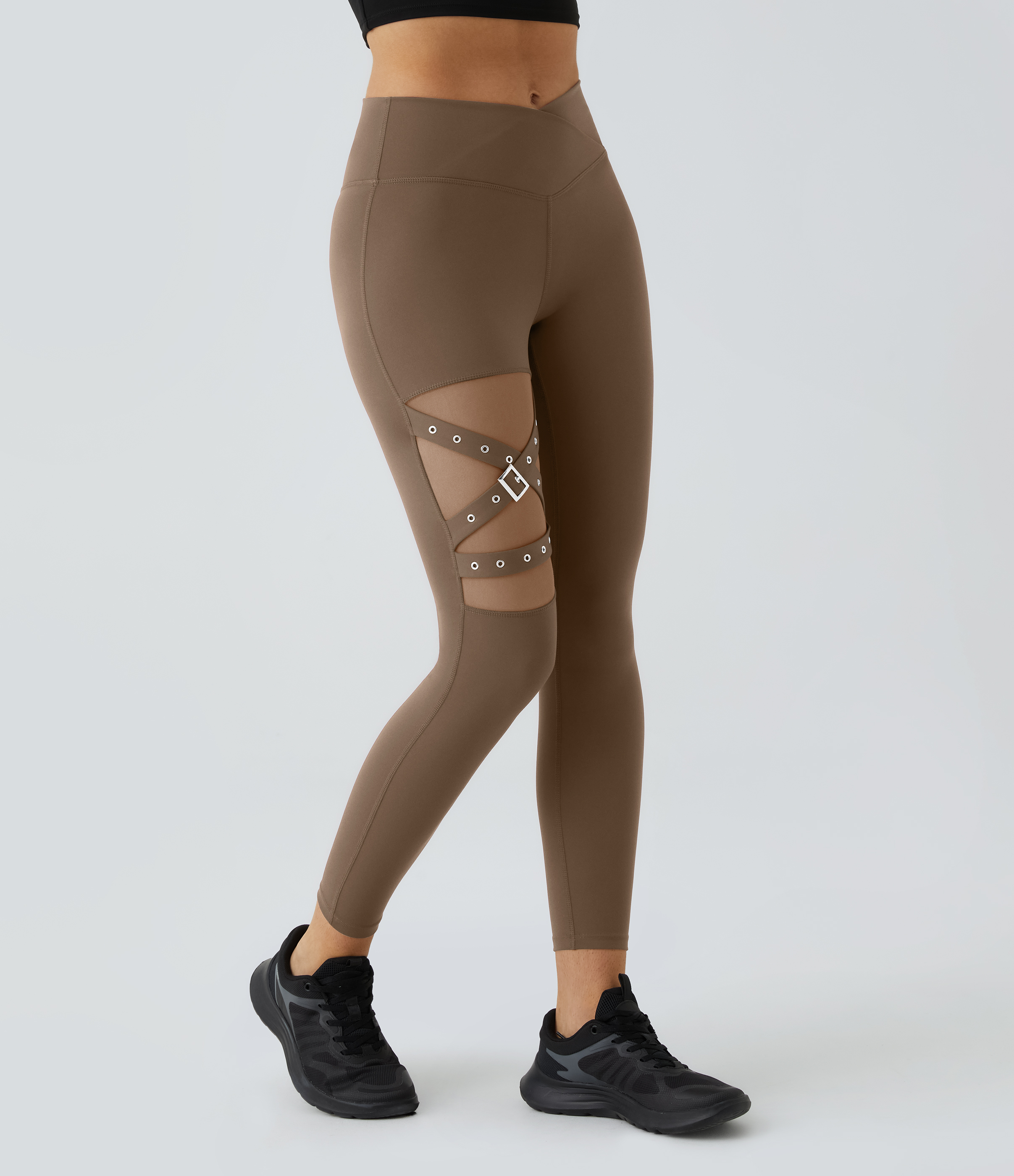 Halara High Waisted Crossover Contrast Mesh Decorative Buckle Yoga 7/8 Leggings  - Sepia - S(7/8) gym leggings leggings with pockets 