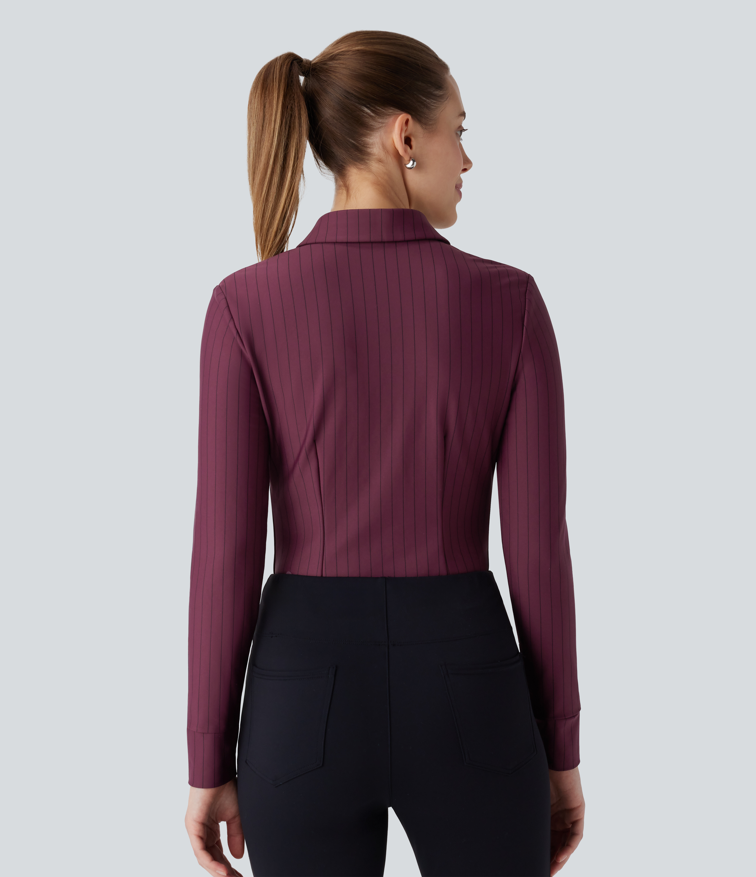 Halara Collared Button Ruched Long Sleeve Curved Hem Stripe Cool Touch Work Shirt  - Wine Red and Black Stripe - XS 