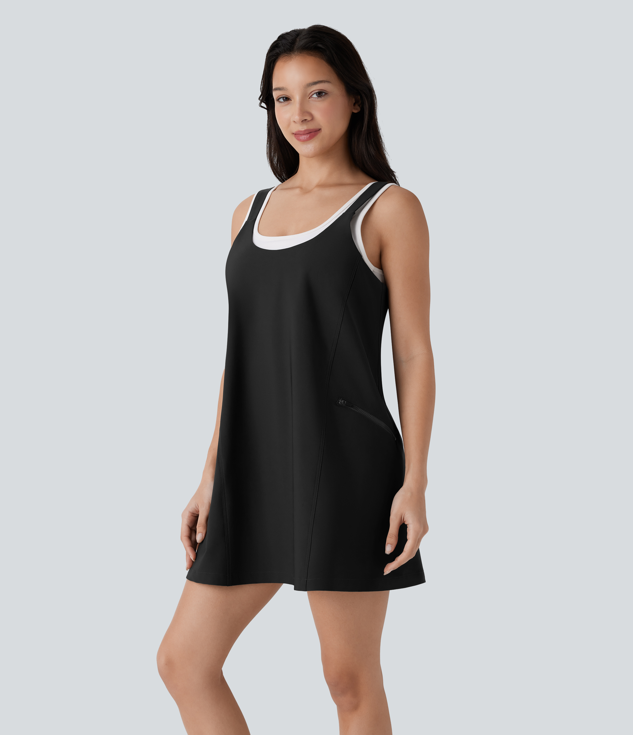 Halara Water Repellent Adjustable Strap Side Zipper Pocket Mini Hiking Active Dress Workout Dress - Black - L 