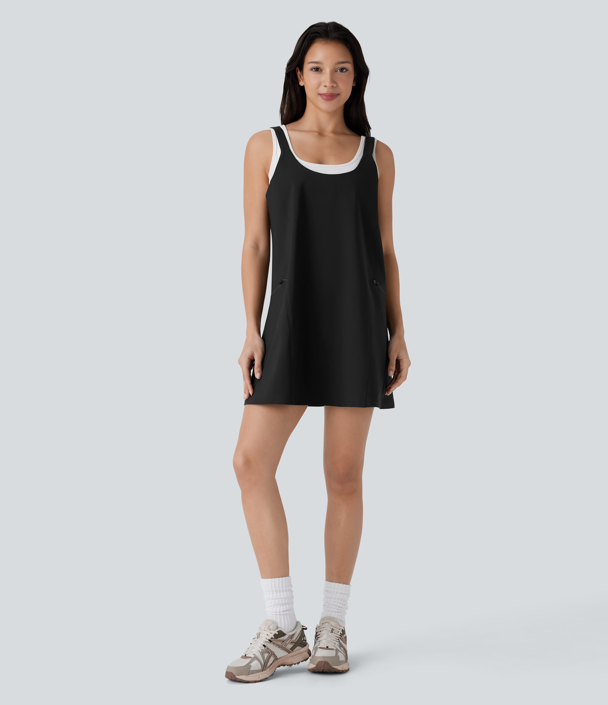 Halara Water Repellent Adjustable Strap Side Zipper Pocket Mini Hiking Active Dress Workout Dress - Black - L 