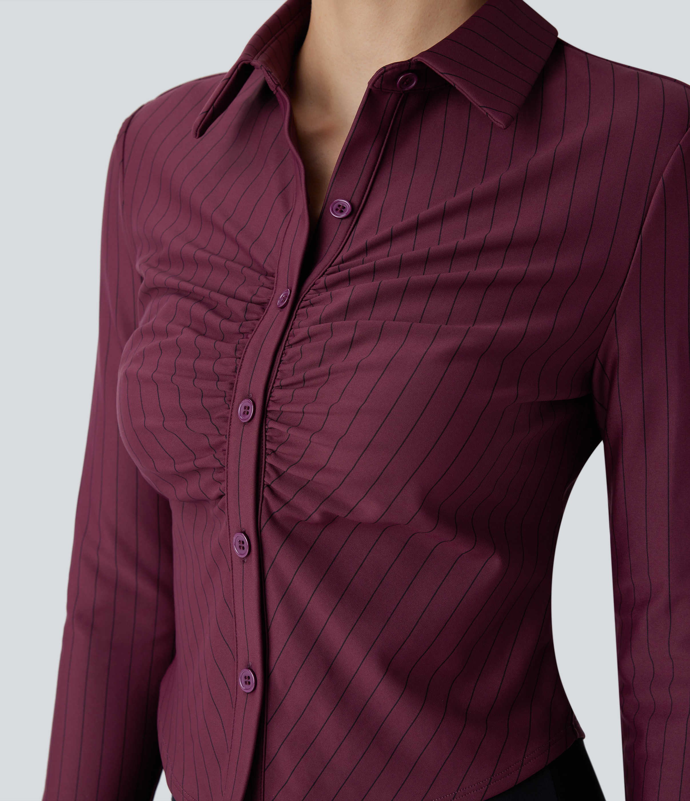 Halara Collared Button Ruched Long Sleeve Curved Hem Stripe Cool Touch Work Shirt  - Wine Red and Black Stripe - XS 