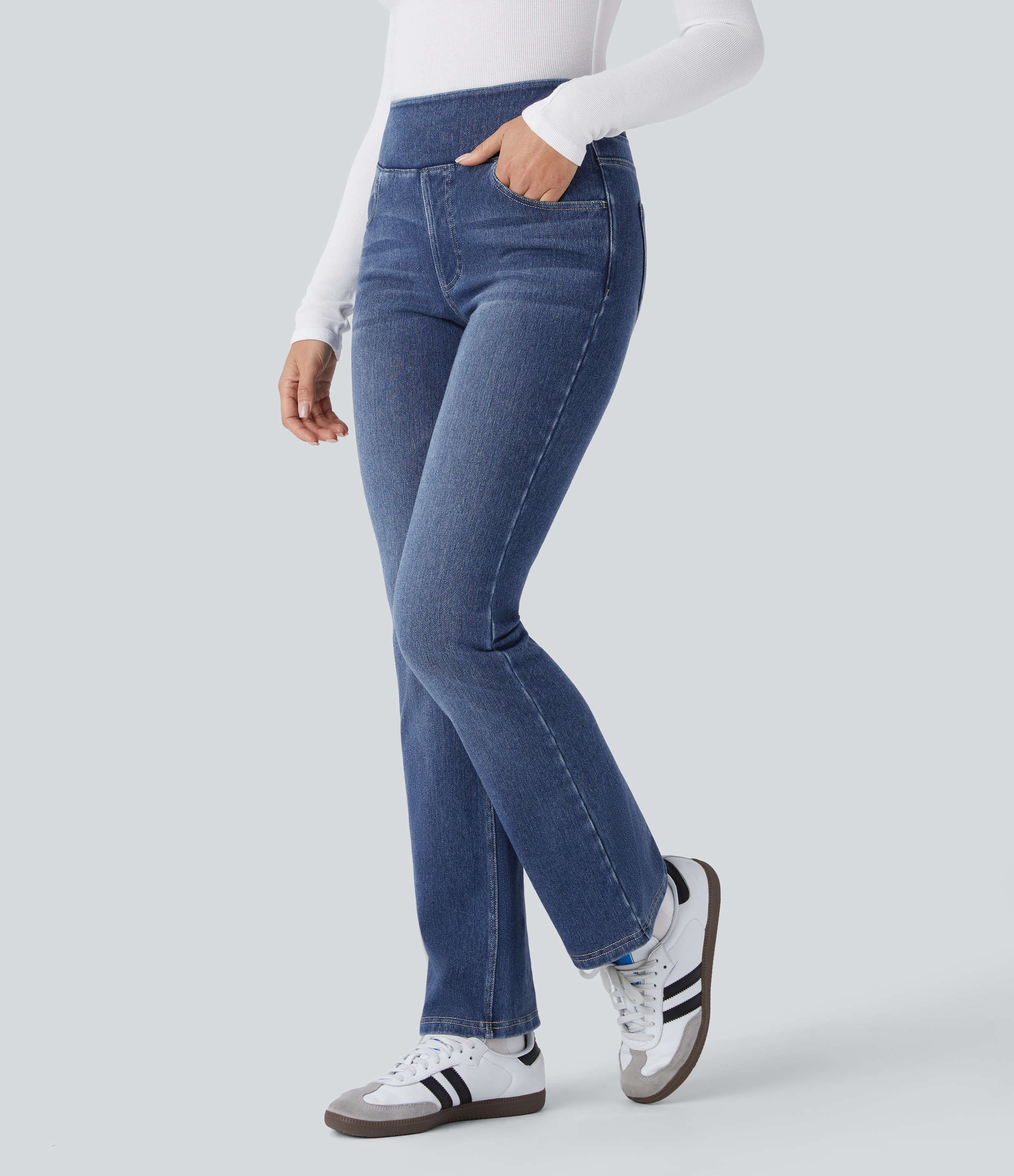 Halara Flex™ Jean évasé casual délavé en molleton taille haute avec poches