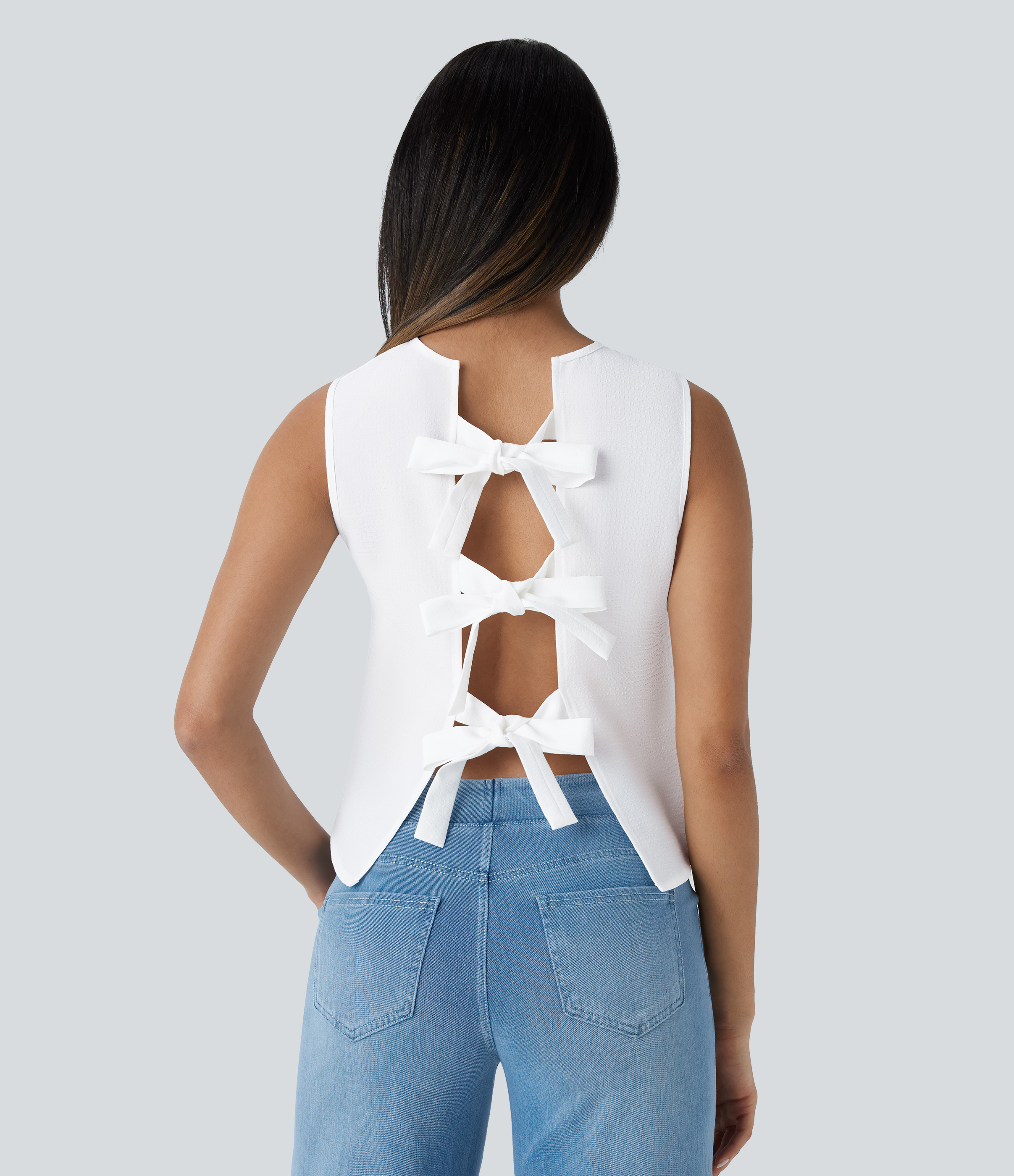 Halara Round Neck Sleeveless Tie Back Casual Top Tank Top - White - XL golf tops halter top tunic tops sleeveless tops backless top 