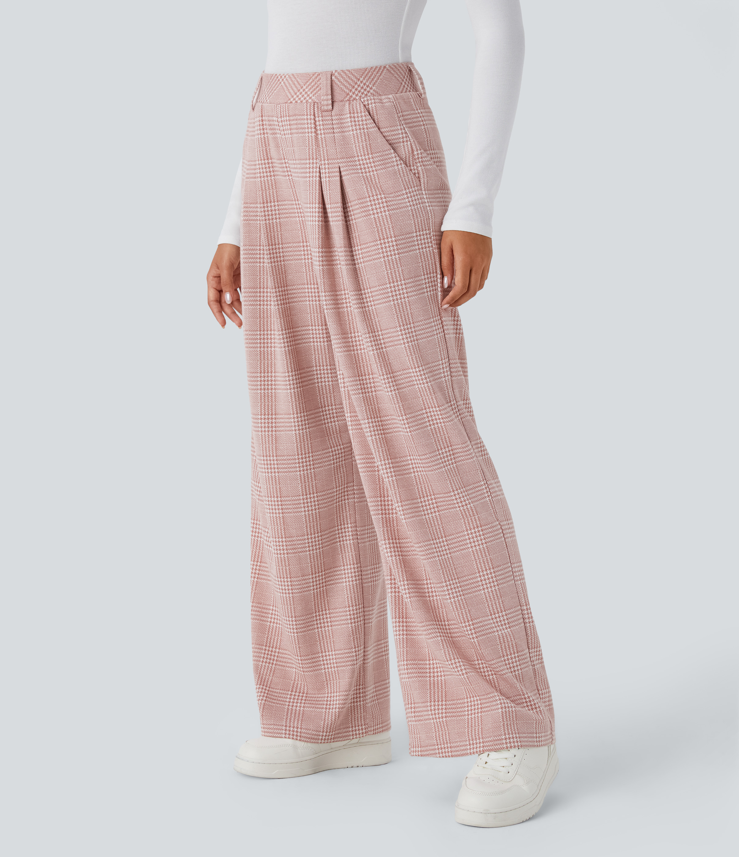 Halara High Waisted Side Pocket Wide Leg Houndstooth Plaid Casual Pants  - Bean Paste Houndstooth Plaid - L(regular) sweatpants jogger pants 